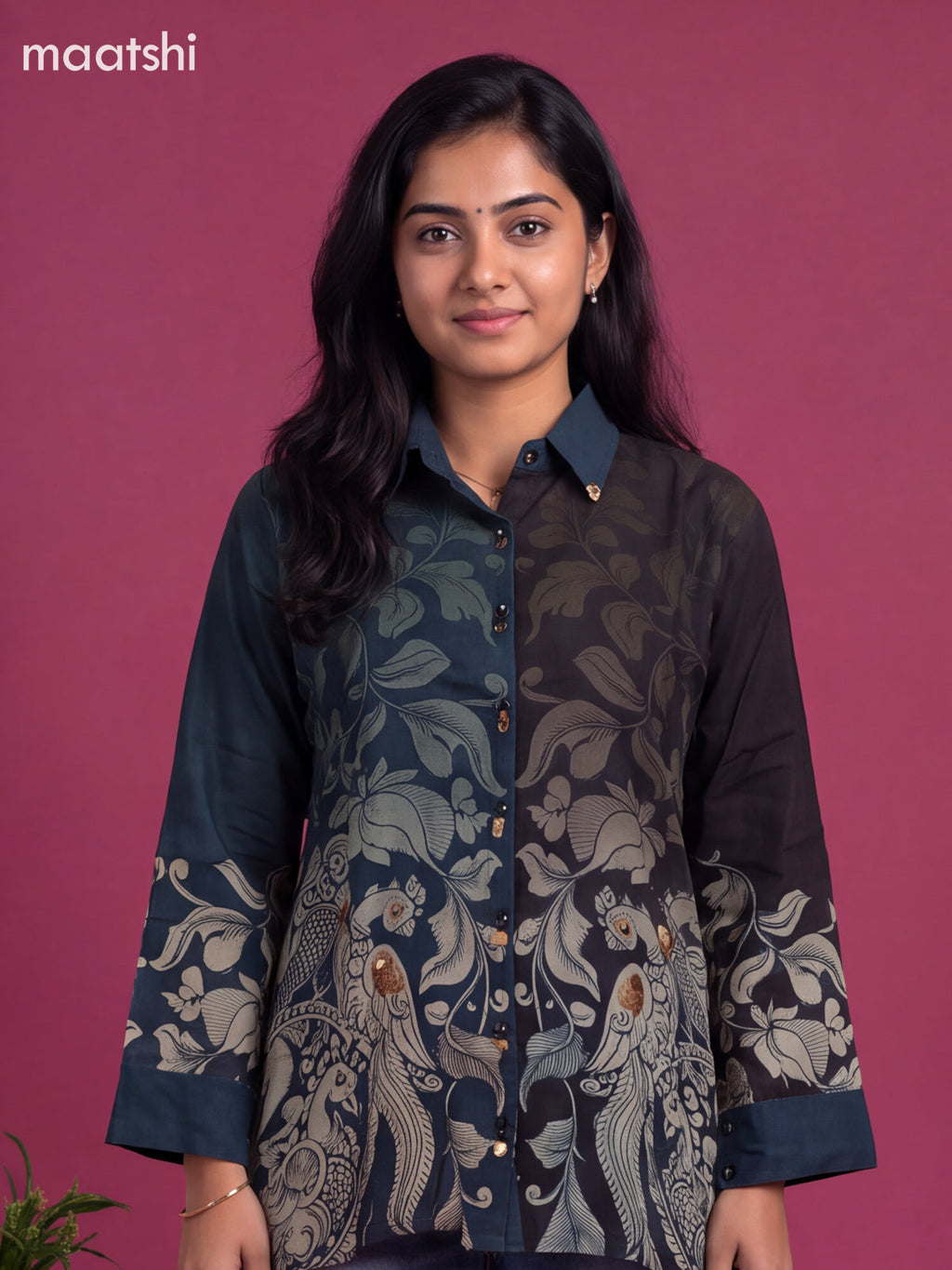 Blue and Elephant Grey Crepe Silk Printed Women Shirt