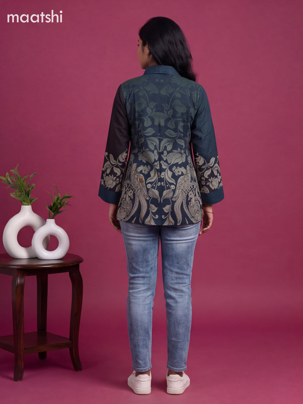 Blue and Elephant Grey Crepe Silk Printed Women Shirt