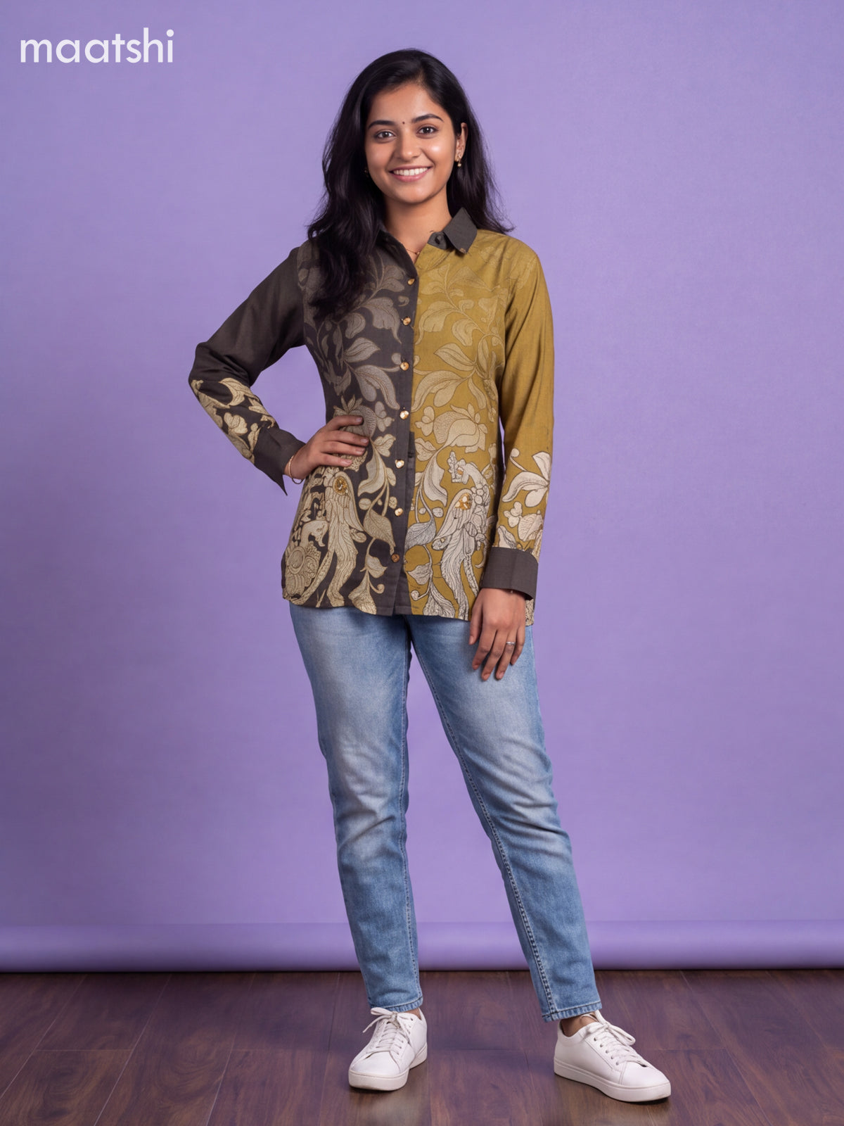Elephant Grey and Mehandi Green Crepe Silk Printed Women Shirt