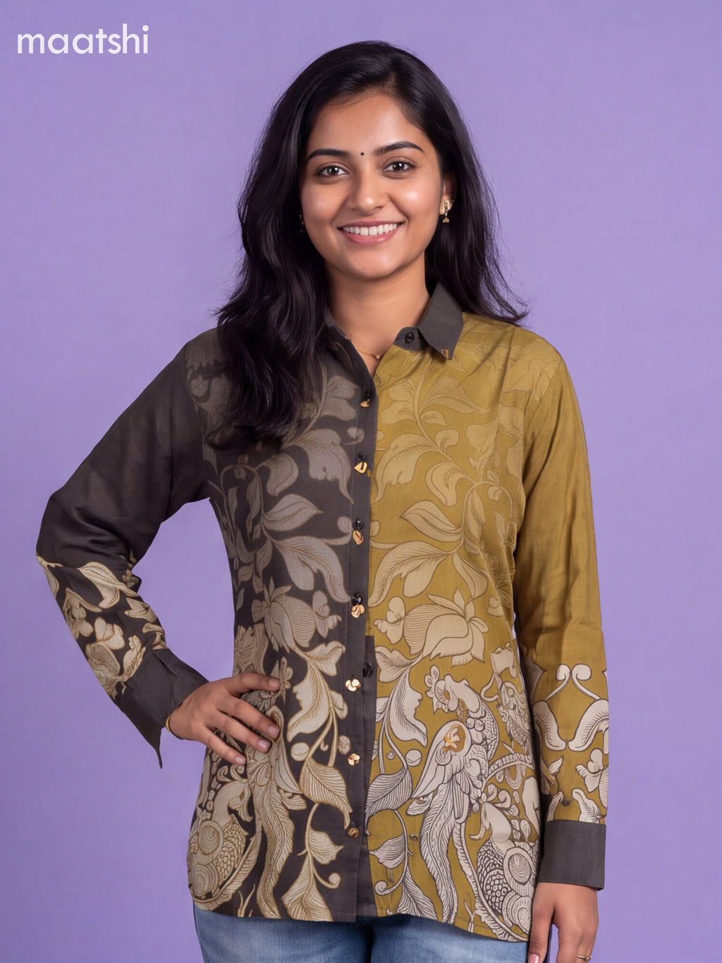 Elephant Grey and Mehandi Green Crepe Silk Printed Women Shirt