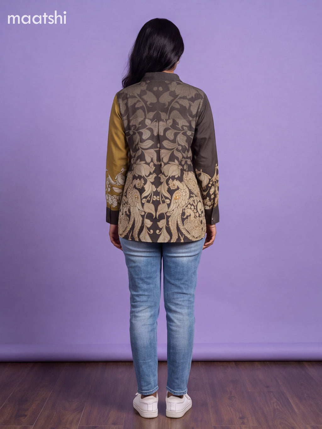 Elephant Grey and Mehandi Green Crepe Silk Printed Women Shirt