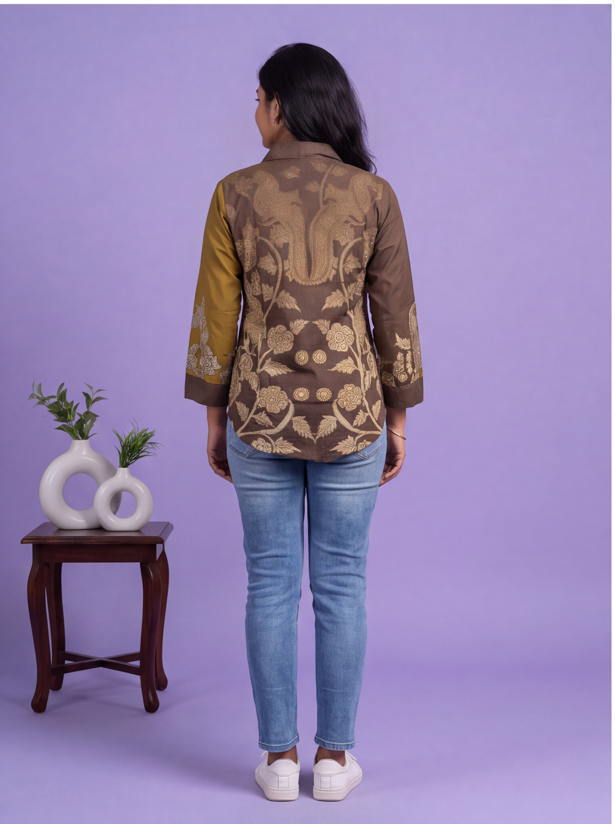 Brown and Mehandi Green Crepe Silk Printed Women Shirt