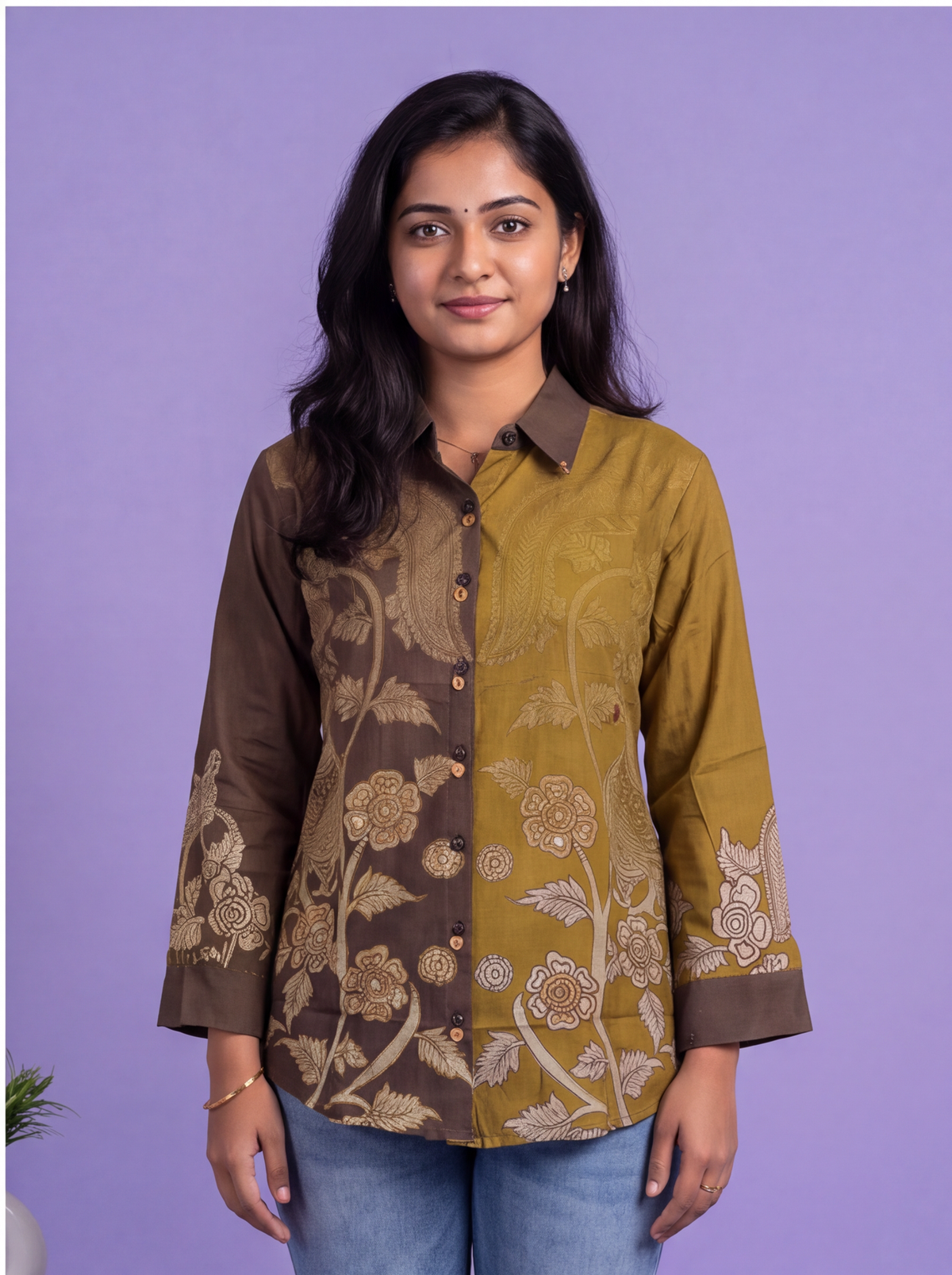 Brown and Mehandi Green Crepe Silk Printed Women Shirt