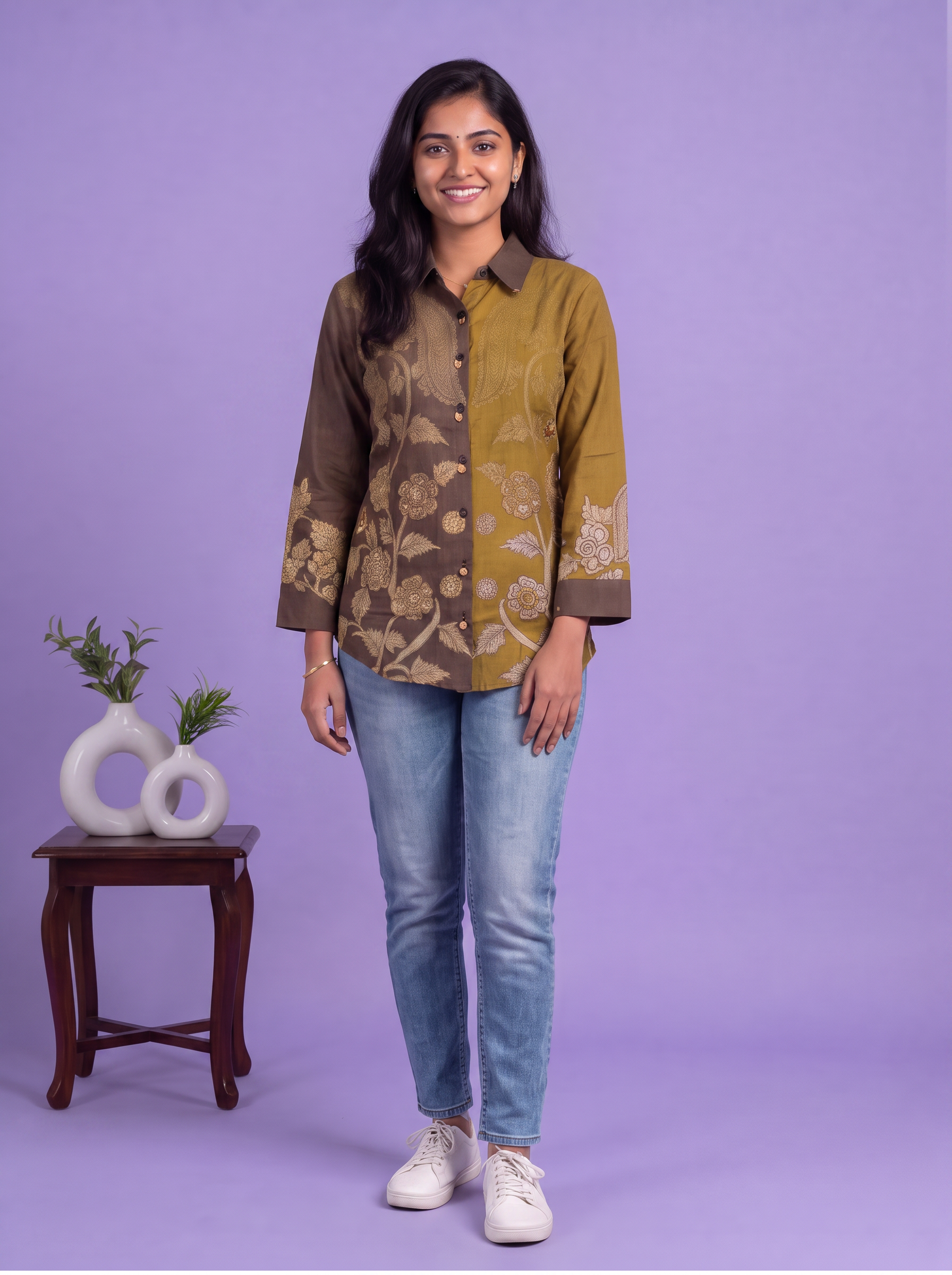 Brown and Mehandi Green Crepe Silk Printed Women Shirt