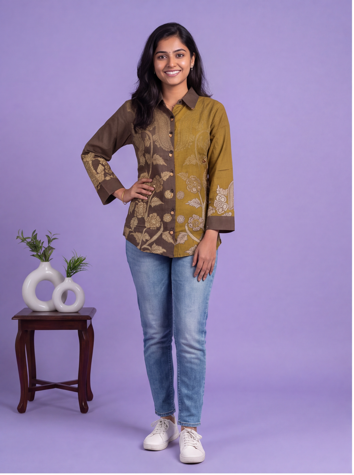 Brown and Mehandi Green Crepe Silk Printed Women Shirt