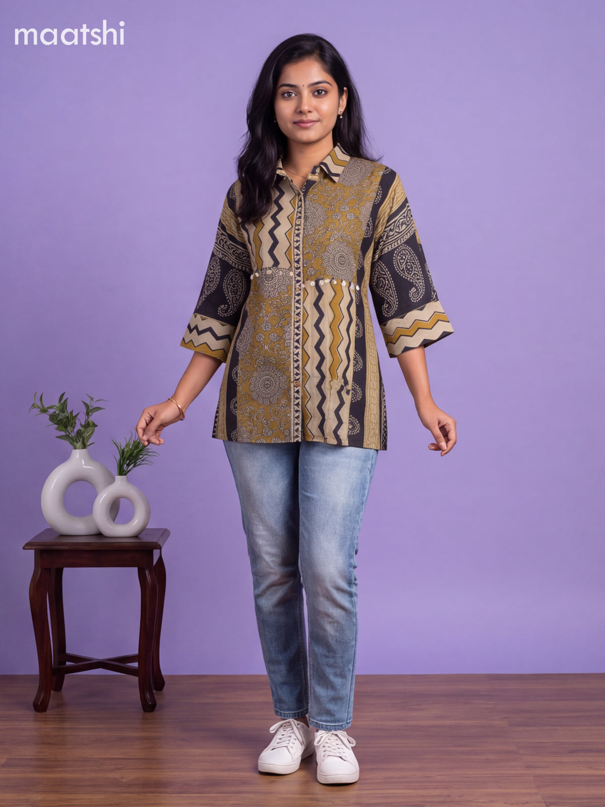 Beige and Mehandi Green Mul Chanderi Printed Womens Shirt