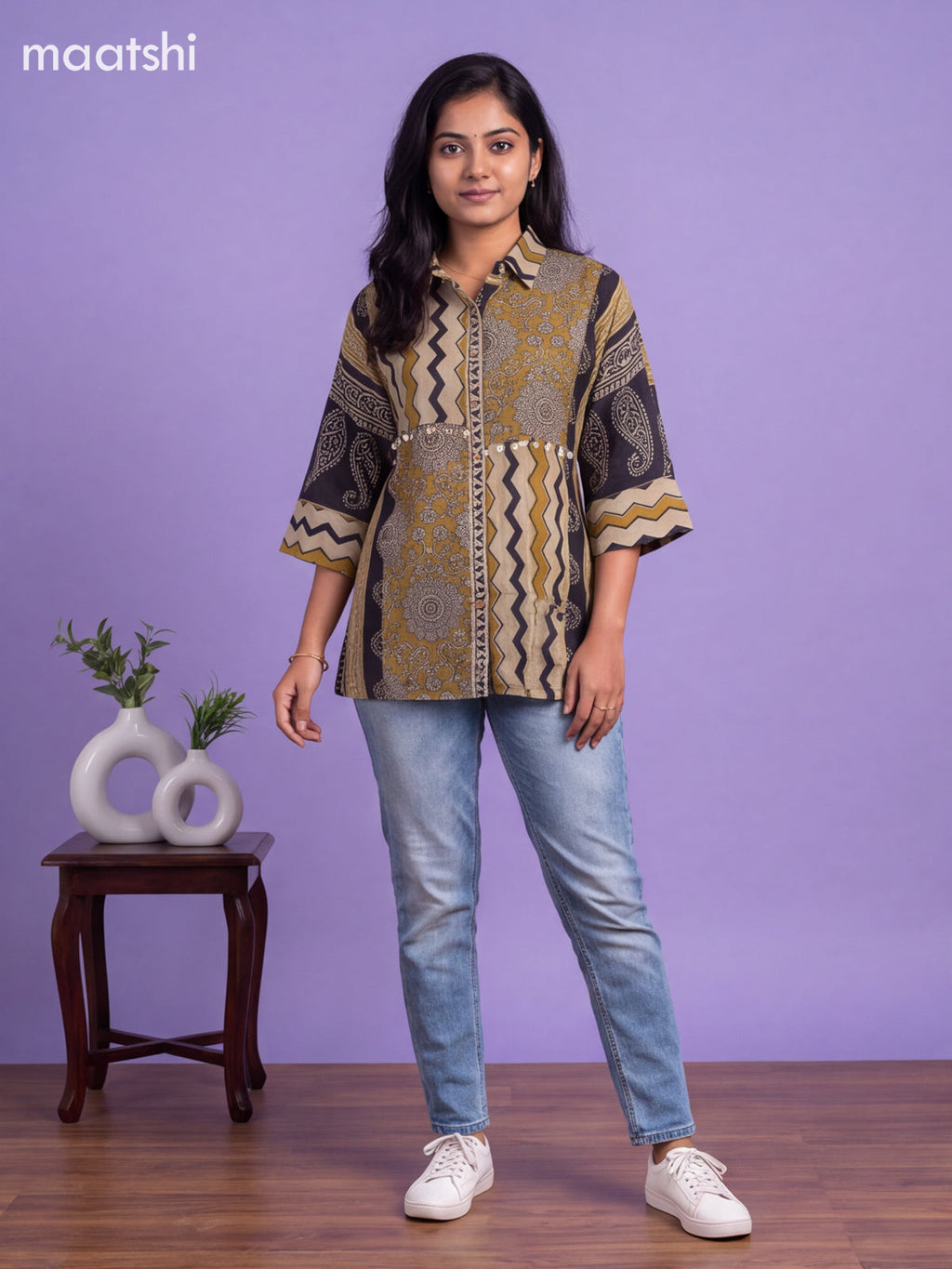 Beige and Mehandi Green Mul Chanderi Printed Womens Shirt
