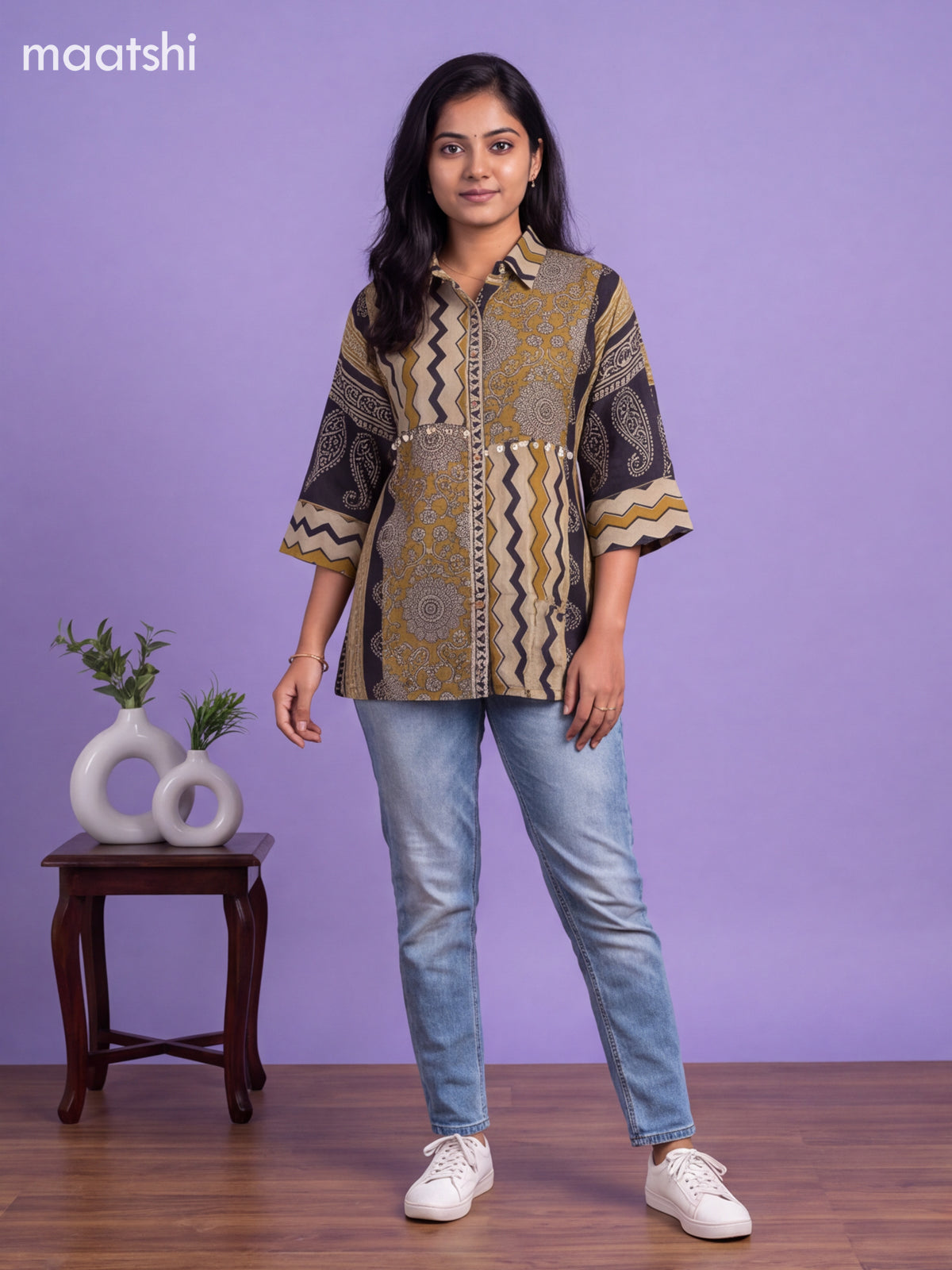Beige and Mehandi Green Mul Chanderi Printed Womens Shirt