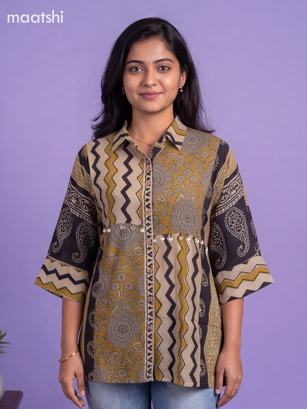 Beige and Mehandi Green Mul Chanderi Printed Womens Shirt