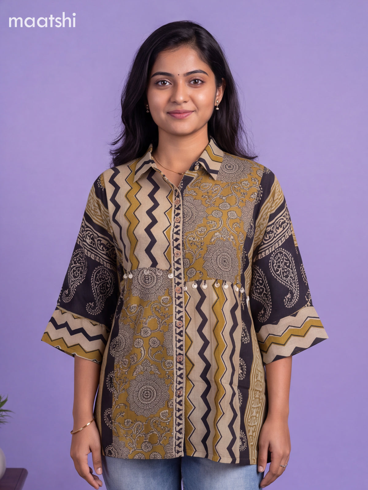 Beige and Mehandi Green Mul Chanderi Printed Womens Shirt