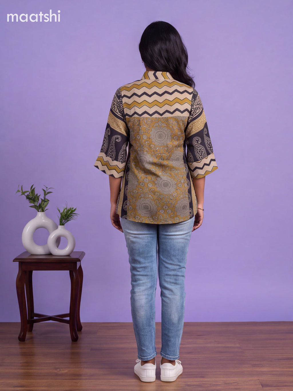 Beige and Mehandi Green Mul Chanderi Printed Womens Shirt