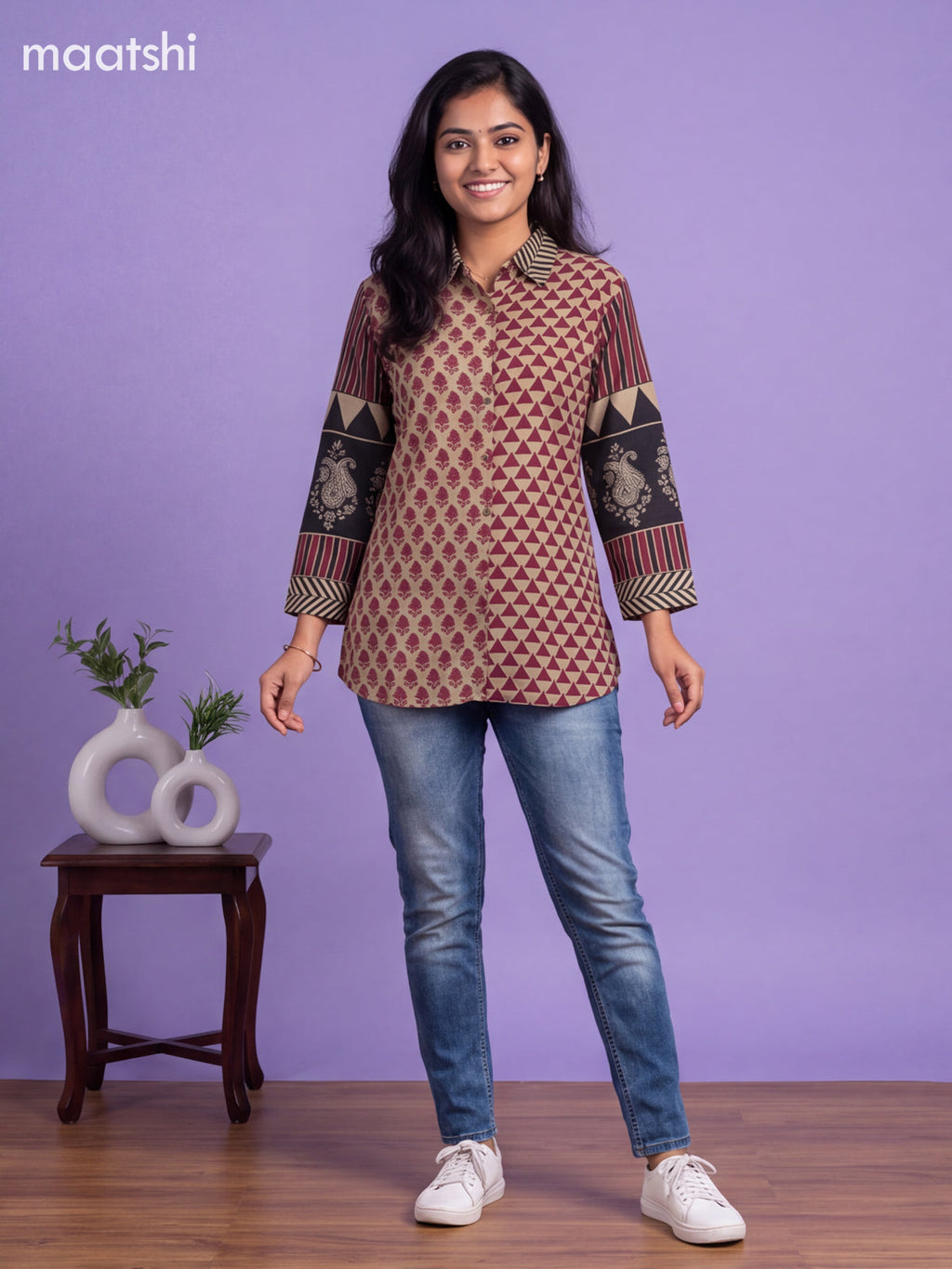 Beige and Magenta Pink Mul Chanderi Printed Women Shirt