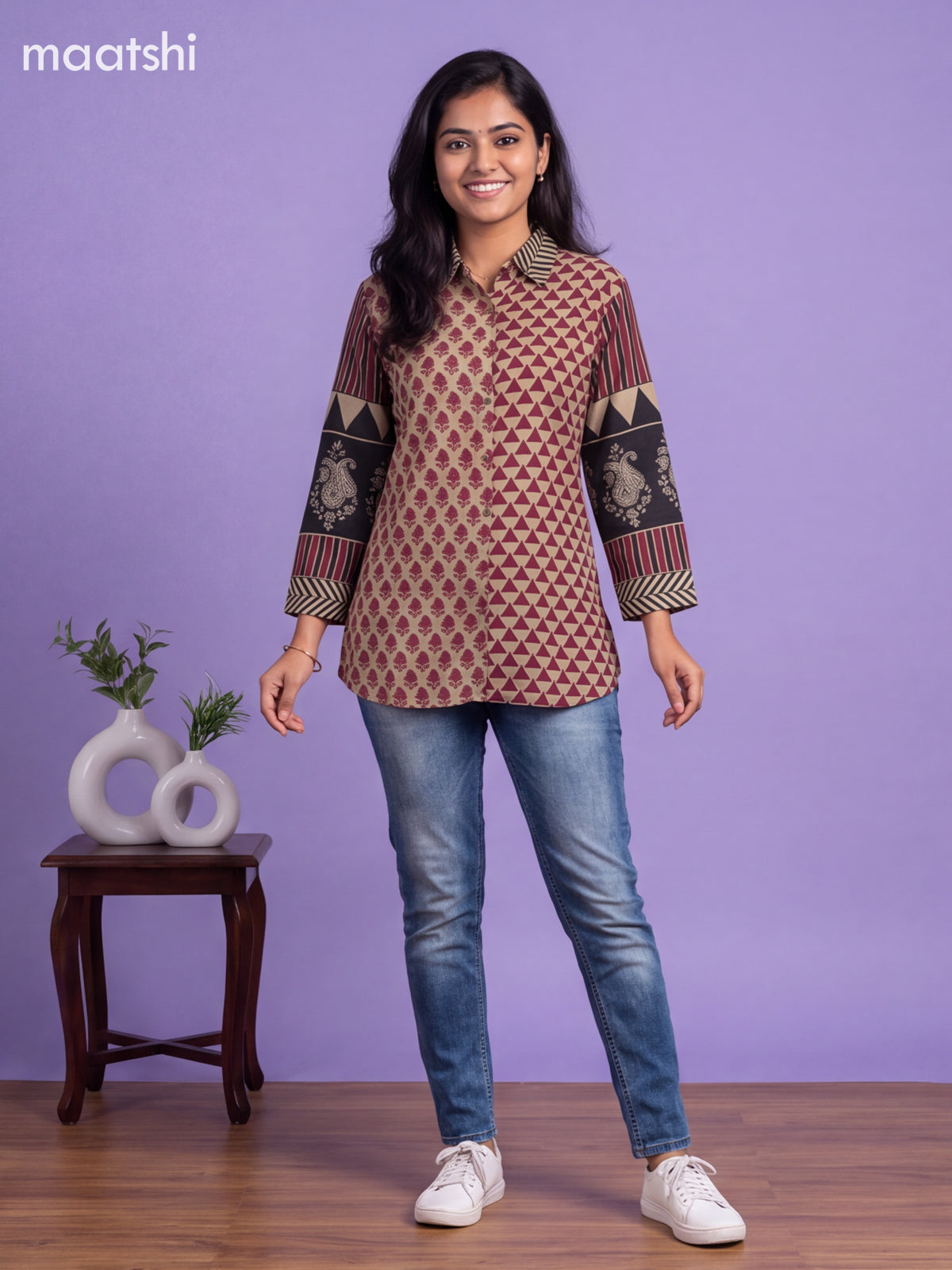 Beige and Magenta Pink Mul Chanderi Printed Women Shirt