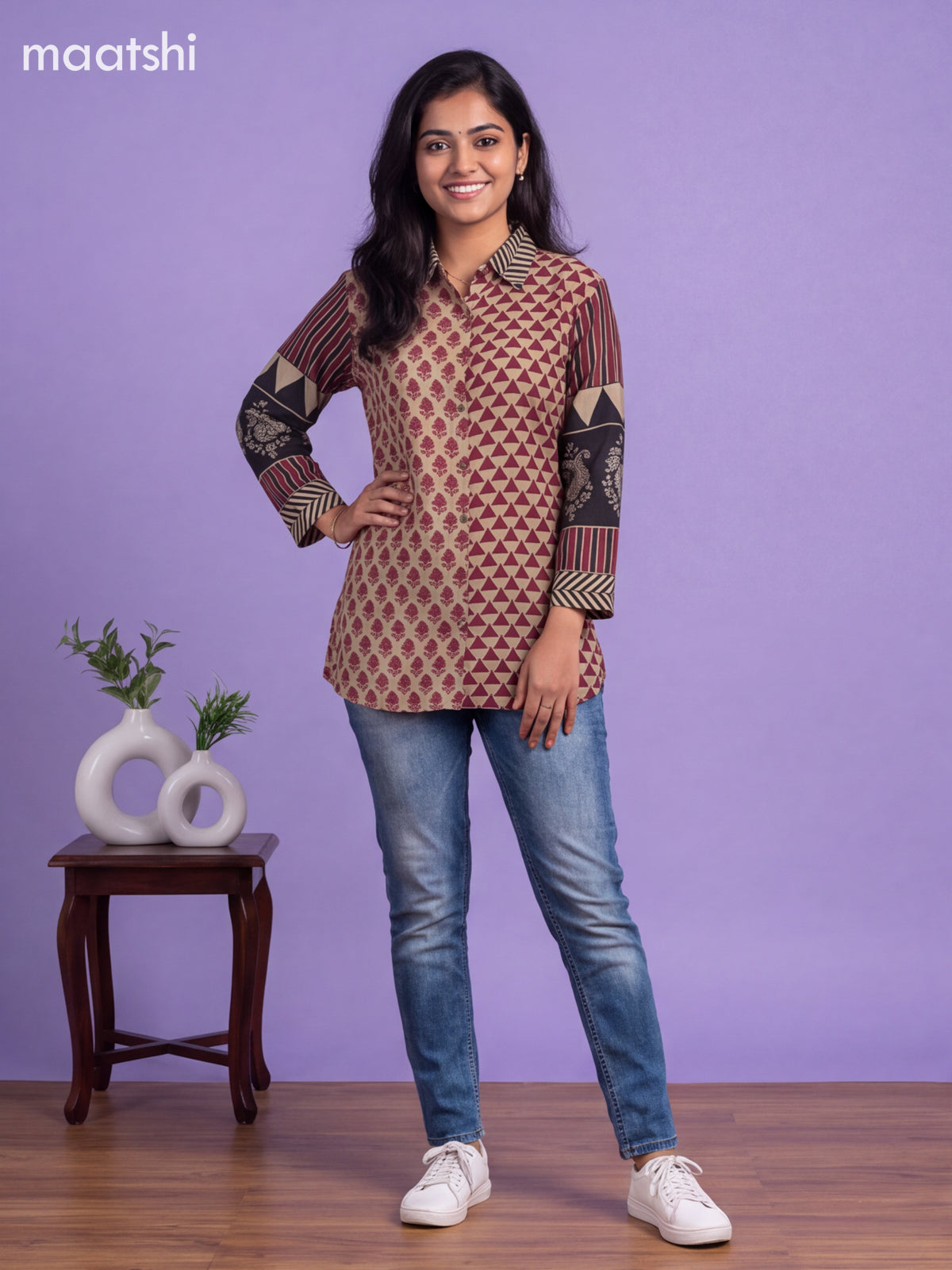 Beige and Magenta Pink Mul Chanderi Printed Women Shirt