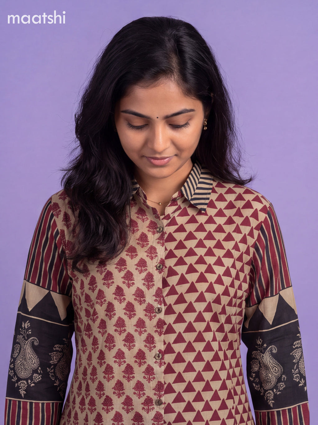 Beige and Magenta Pink Mul Chanderi Printed Women Shirt