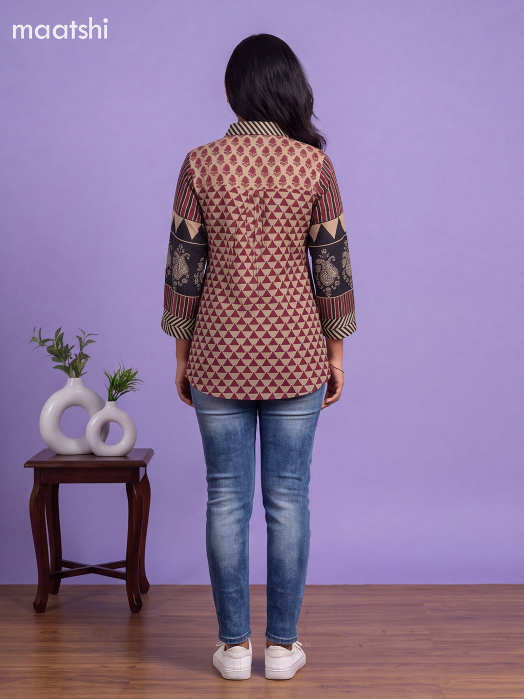 Beige and Magenta Pink Mul Chanderi Printed Women Shirt