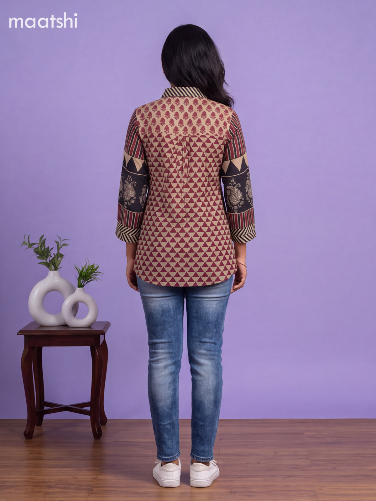 Beige and Magenta Pink Mul Chanderi Printed Women Shirt