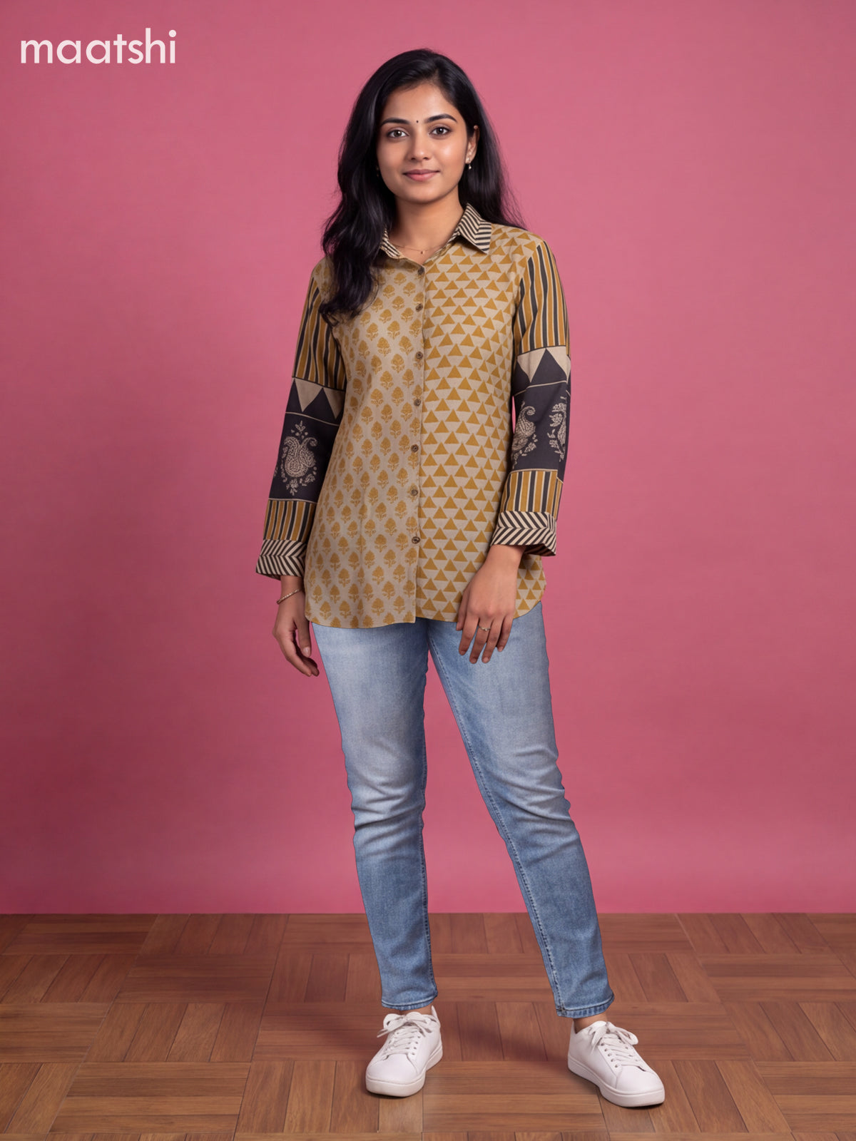 Beige and Mustard Mul Chanderi Printed Women Shirt