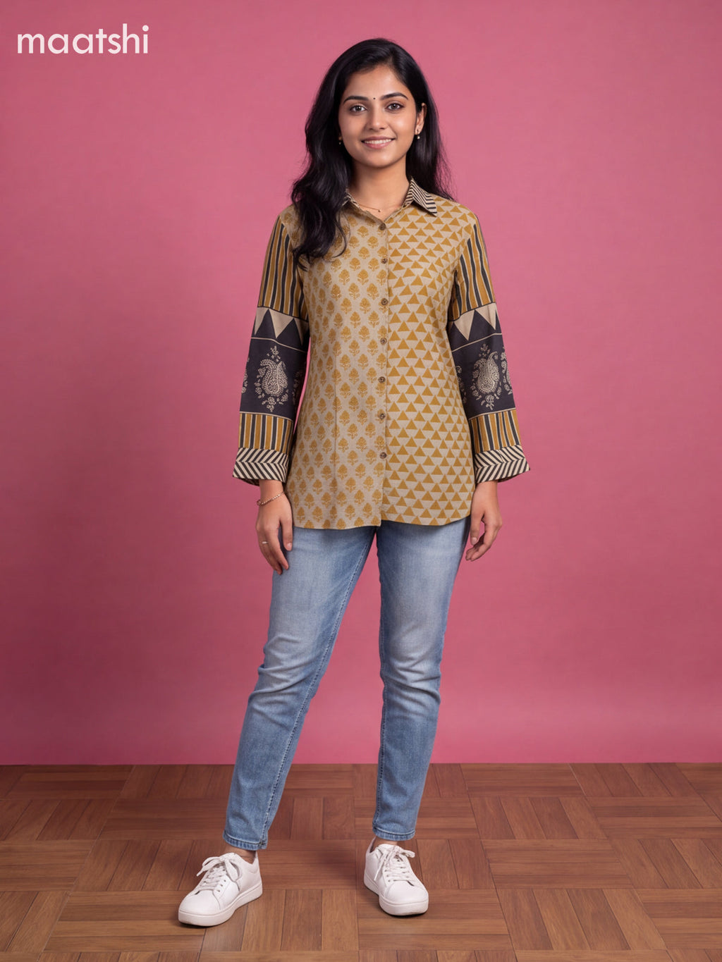 Beige and Mustard Mul Chanderi Printed Women Shirt