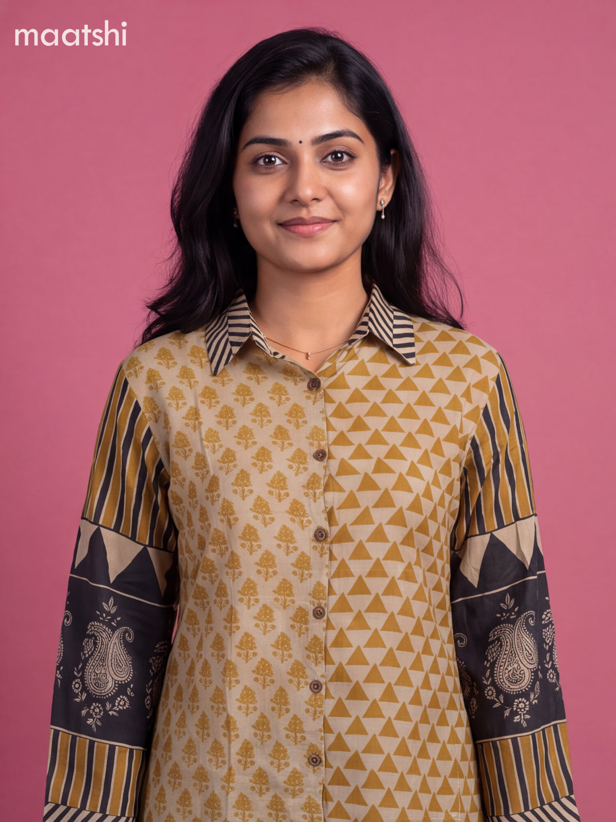 Beige and Mustard Mul Chanderi Printed Women Shirt