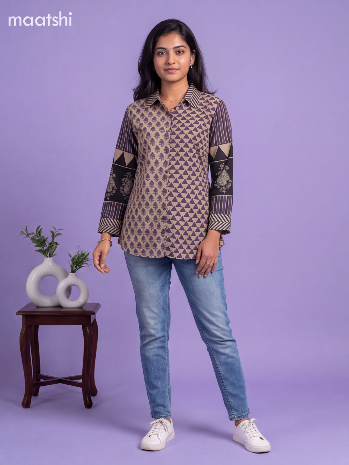 Beige and Lavender Mul Chanderi Printed Women Shirt