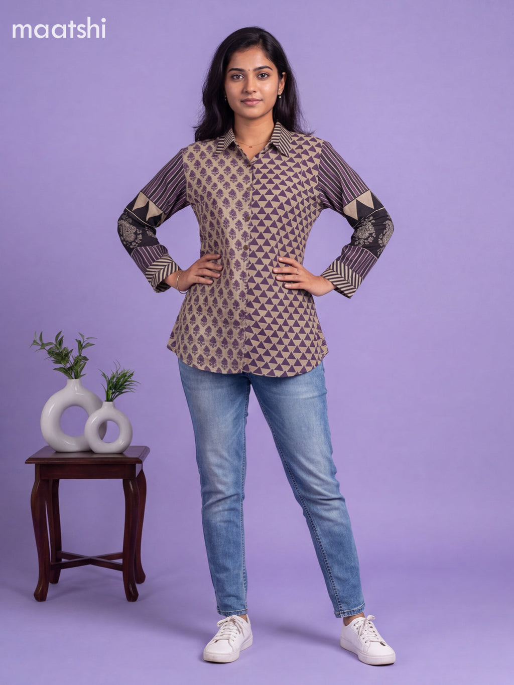 Beige and Lavender Mul Chanderi Printed Women Shirt