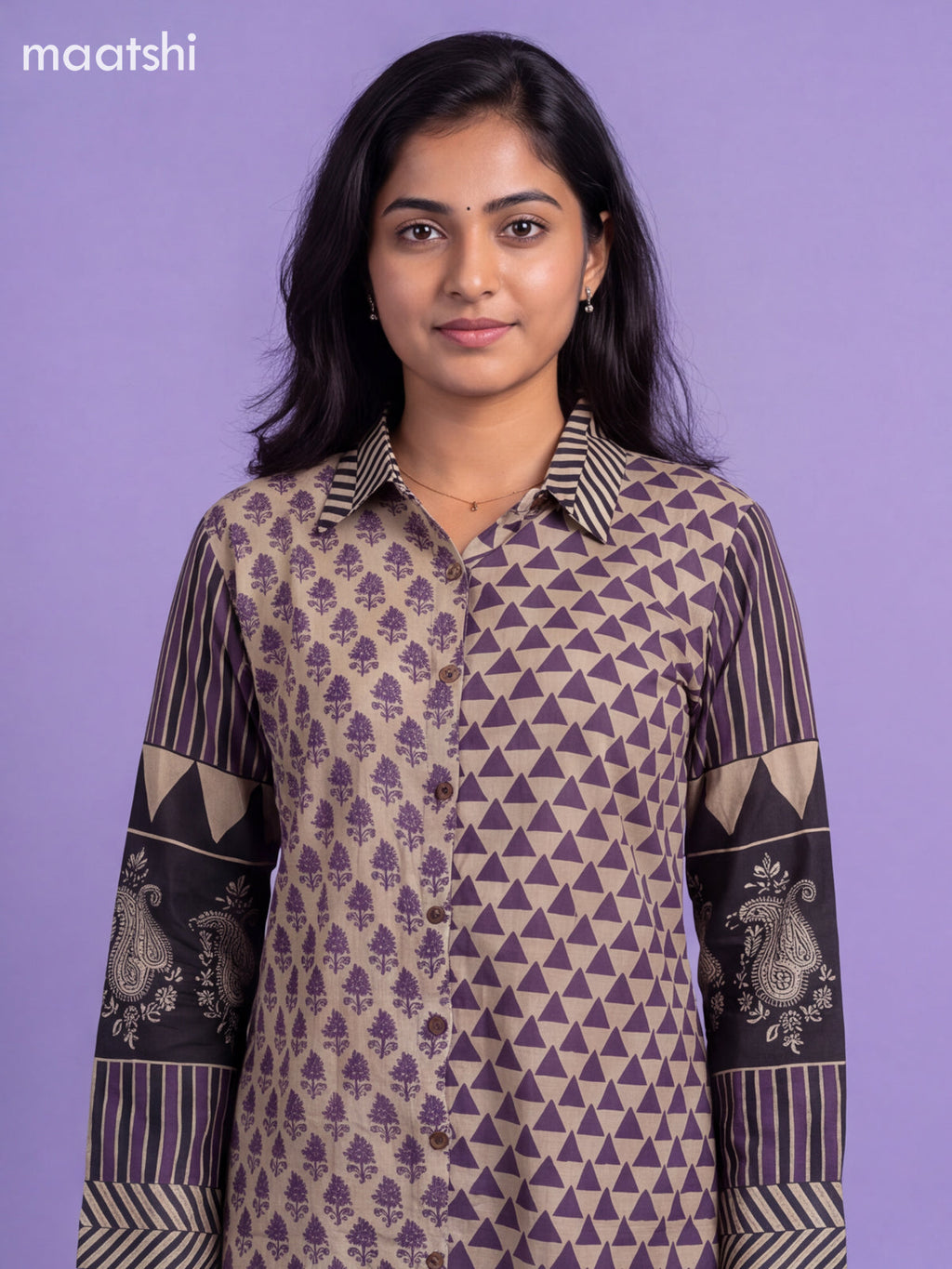 Beige and Lavender Mul Chanderi Printed Women Shirt