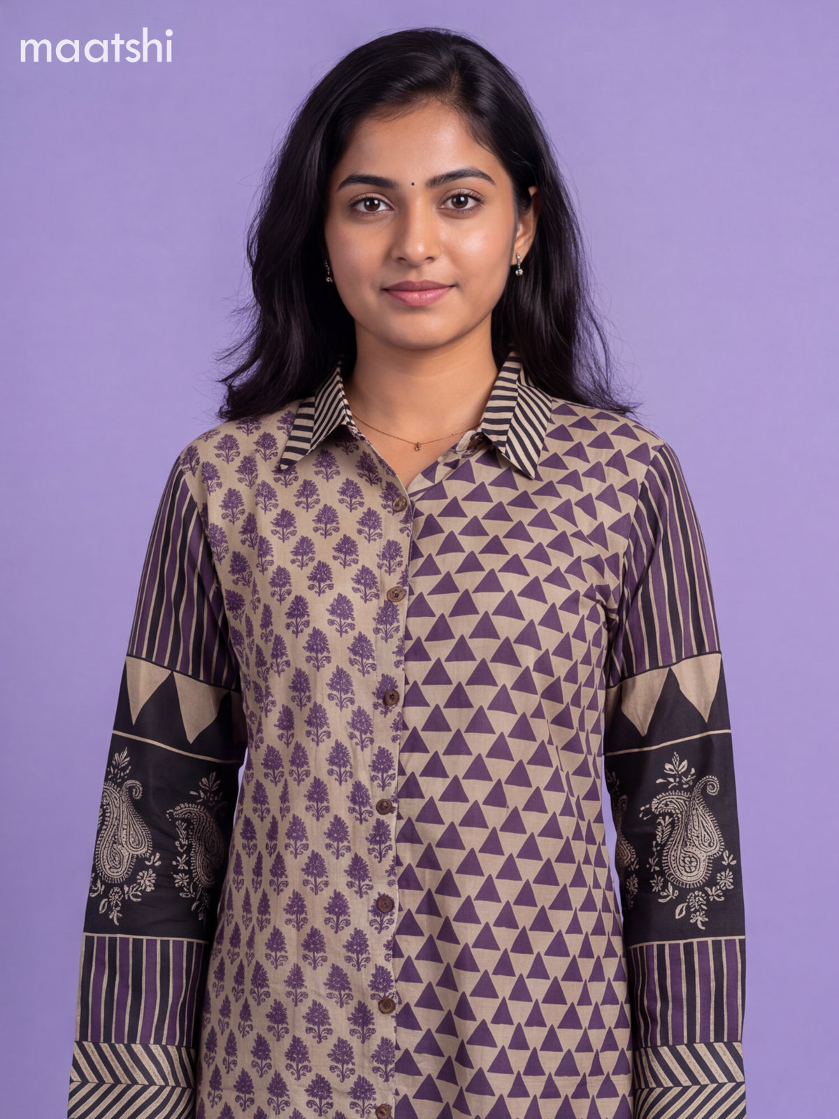 Beige and Lavender Mul Chanderi Printed Women Shirt
