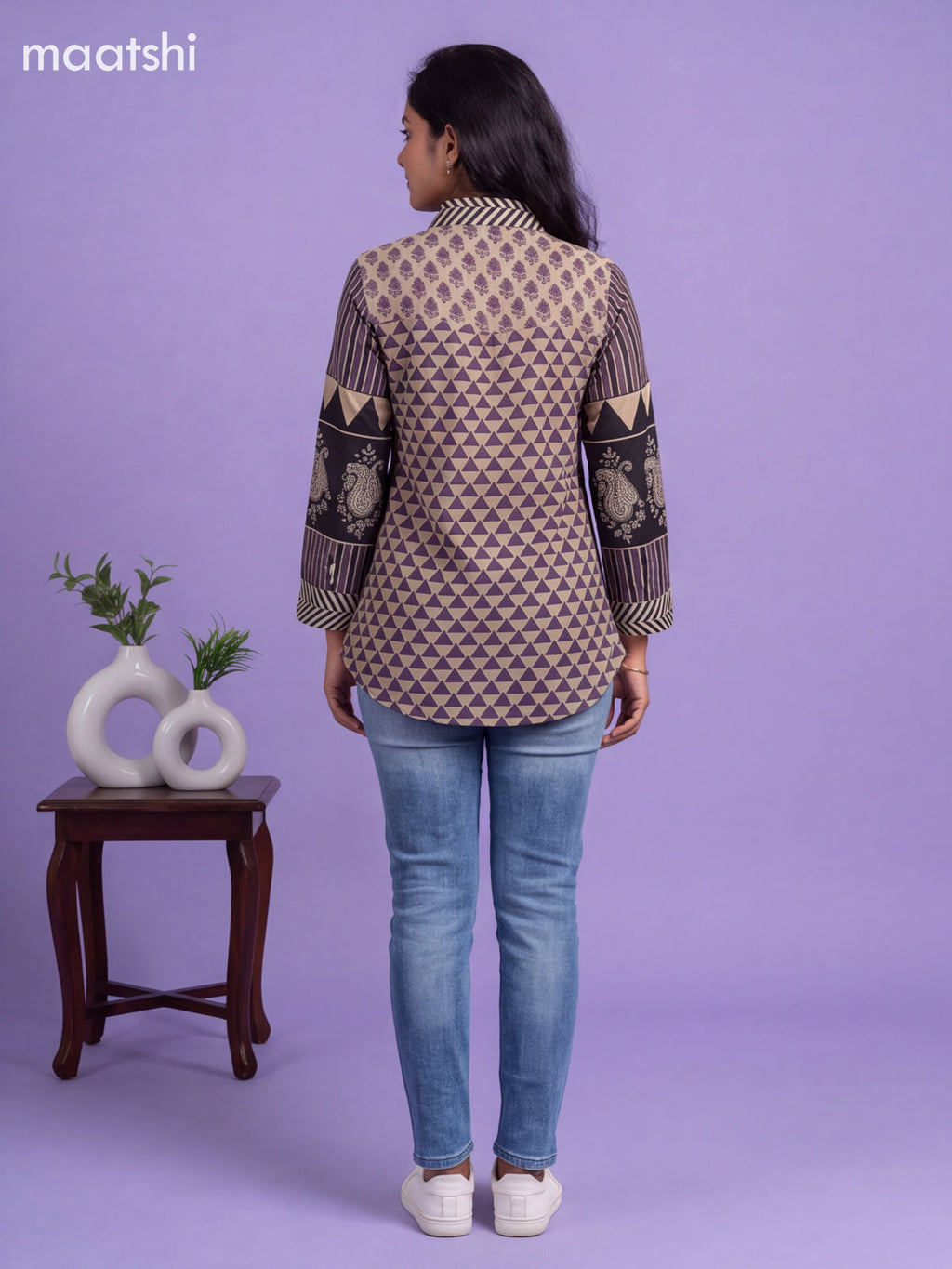 Beige and Lavender Mul Chanderi Printed Women Shirt