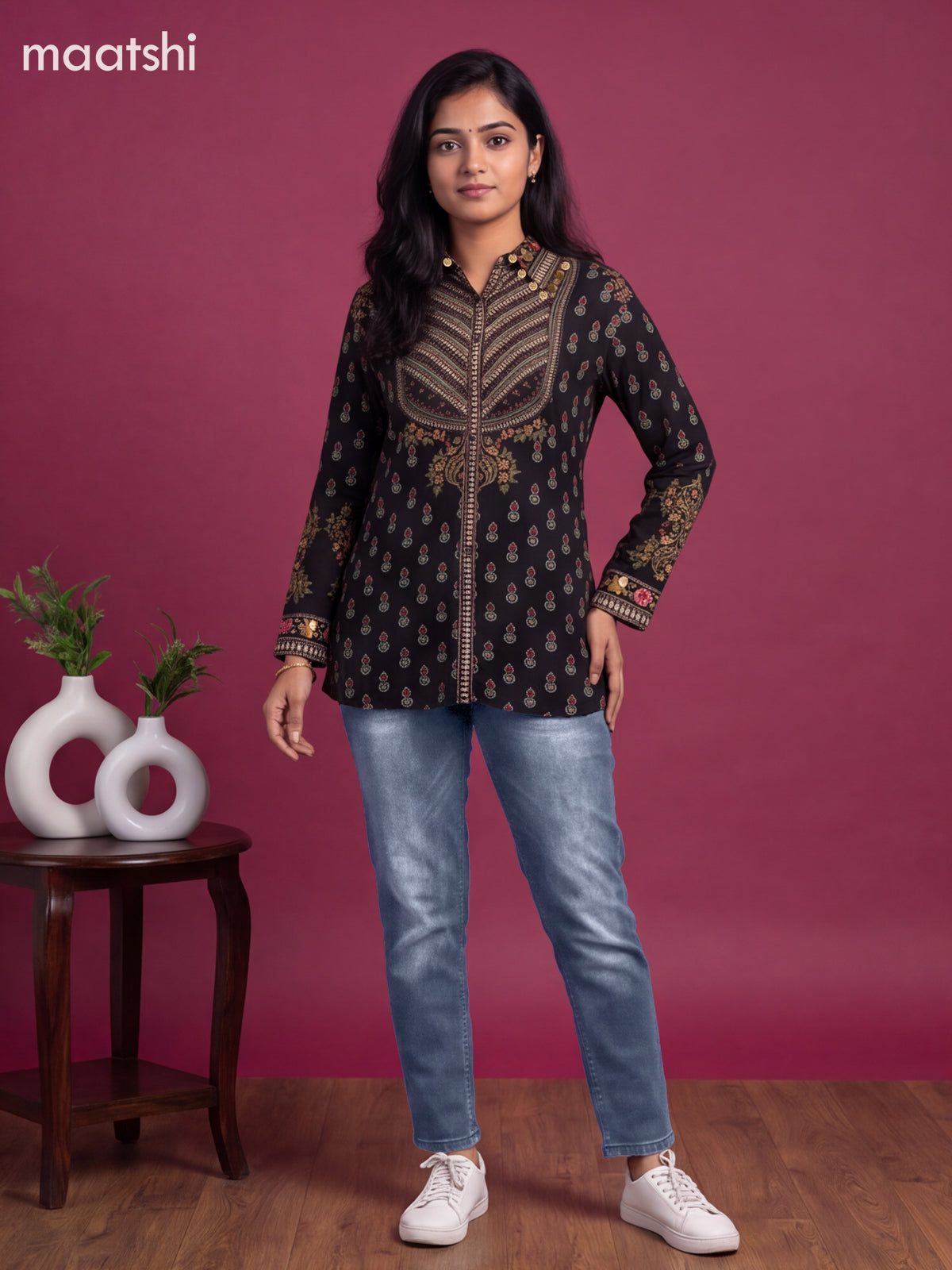 Black Crepe Silk Ajrakh Printed Women Shirt