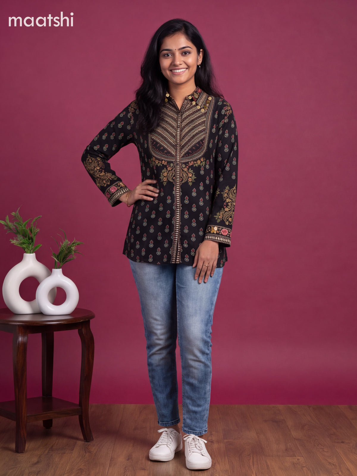 Black Crepe Silk Ajrakh Printed Women Shirt