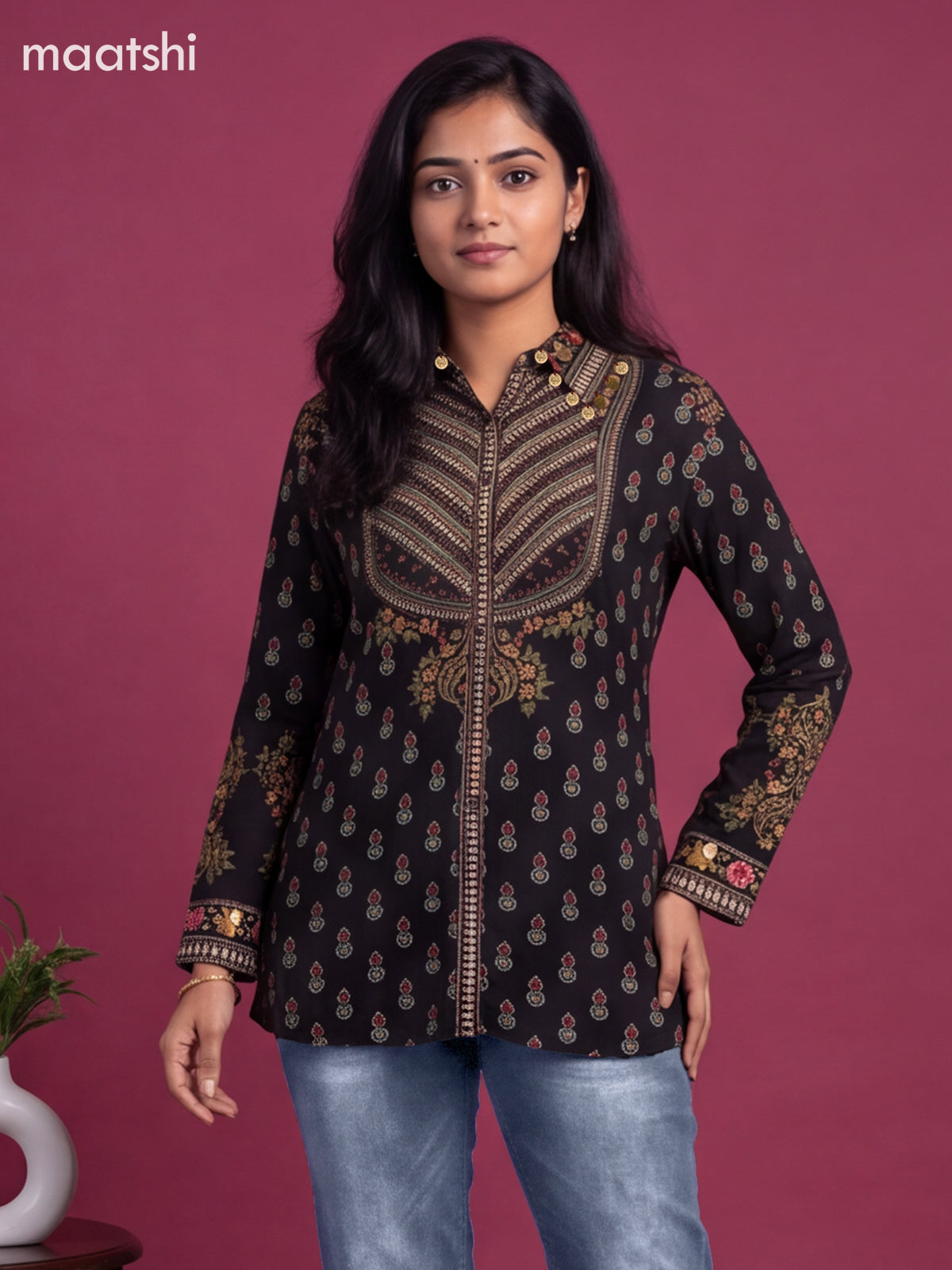 Black Crepe Silk Ajrakh Printed Women Shirt