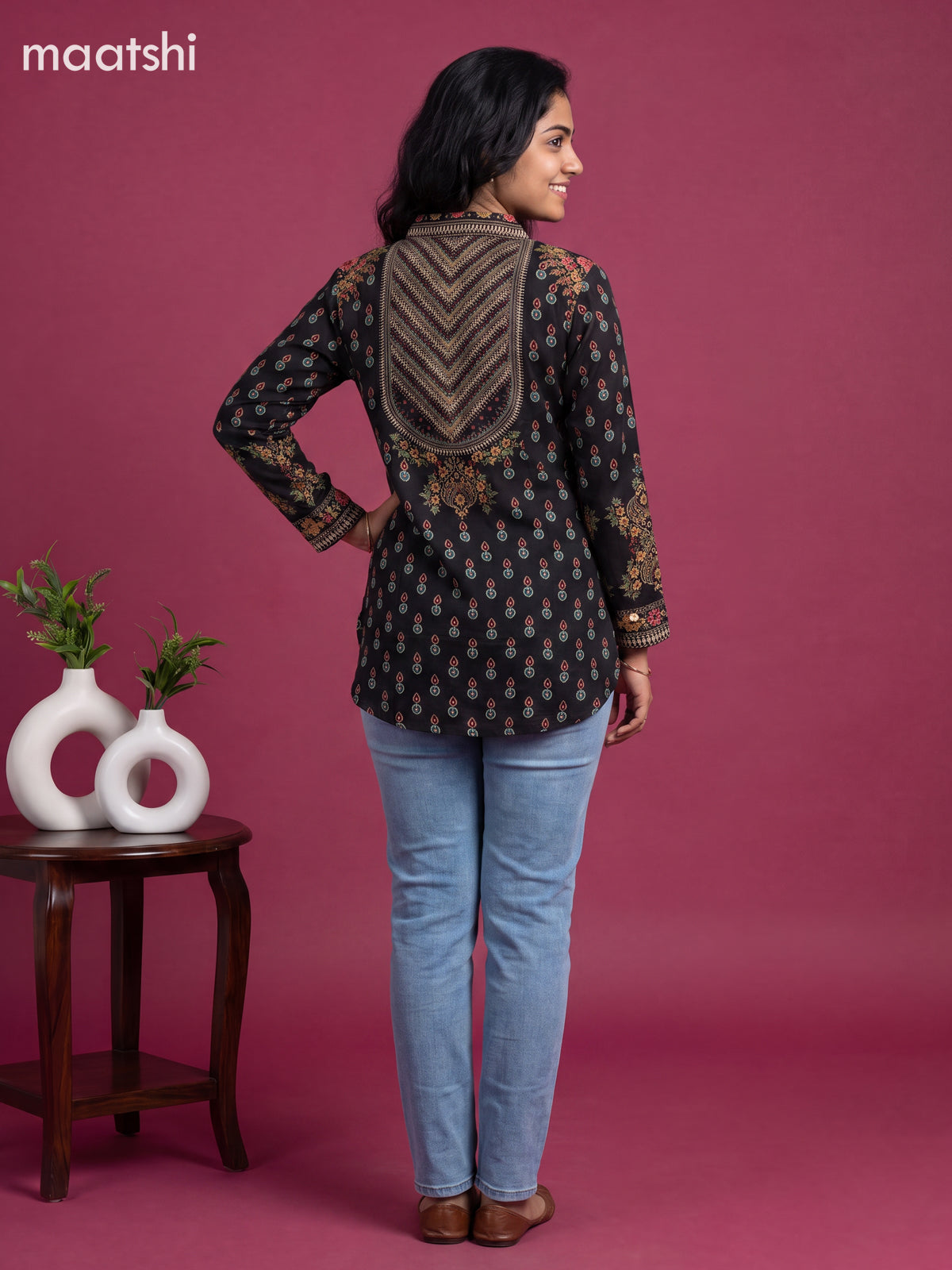 Black Crepe Silk Ajrakh Printed Women Shirt