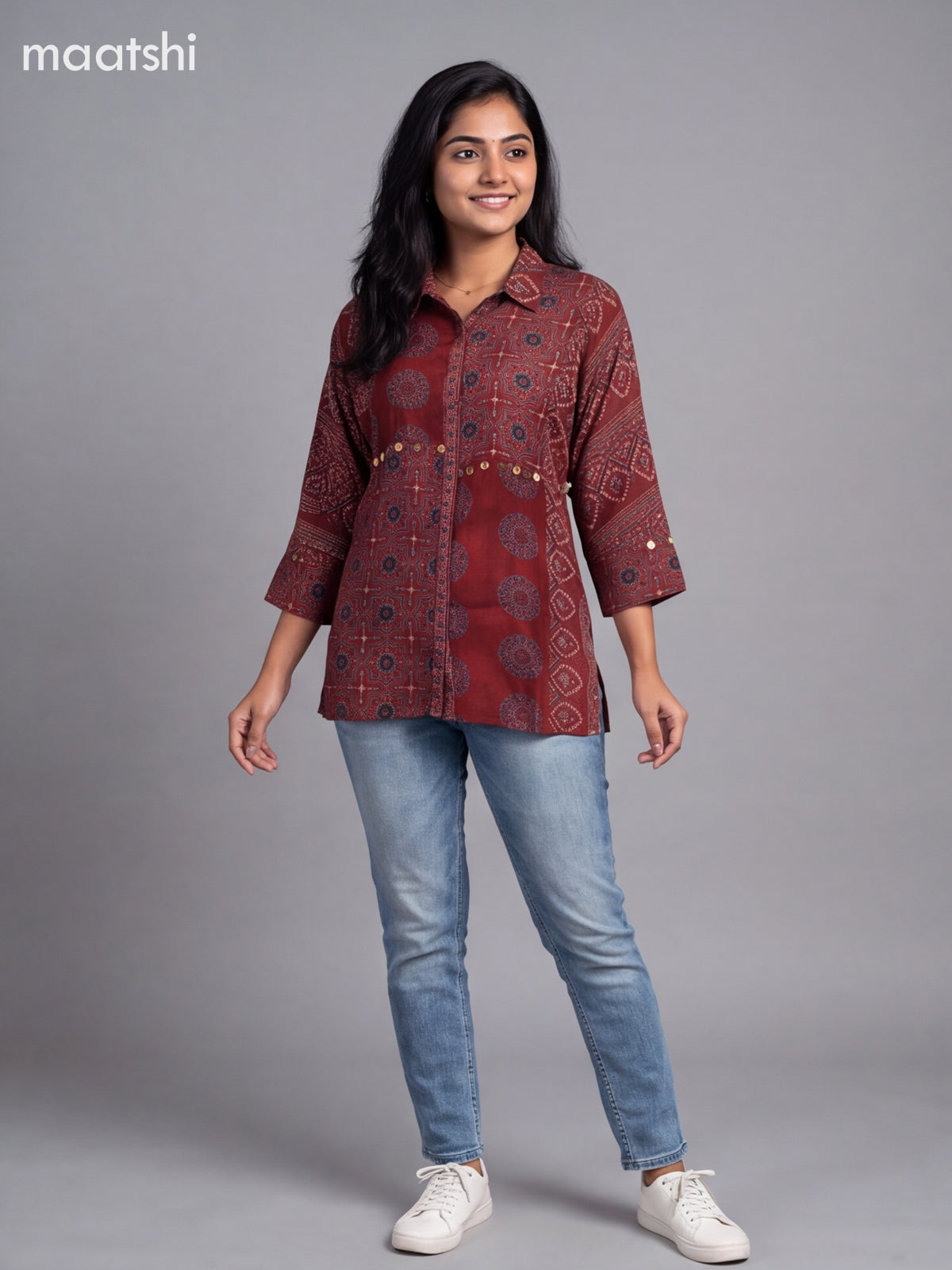Maroon Crepe Silk Ajrakh Printed Women Shirt
