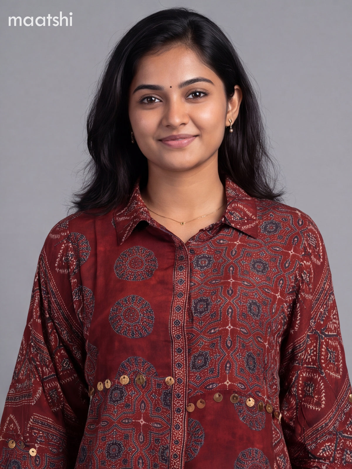 Maroon Crepe Silk Ajrakh Printed Women Shirt