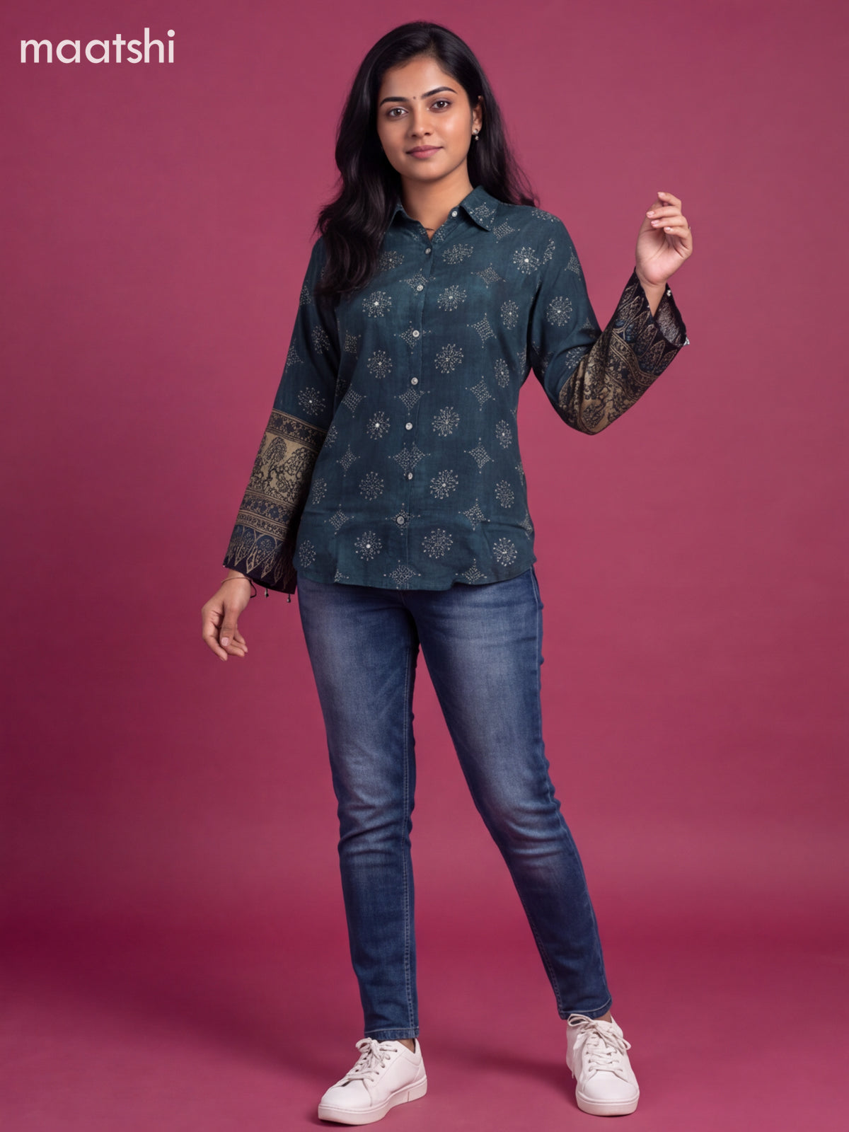 Peacock Blue Crepe Silk Printed Women Shirt Without Pant