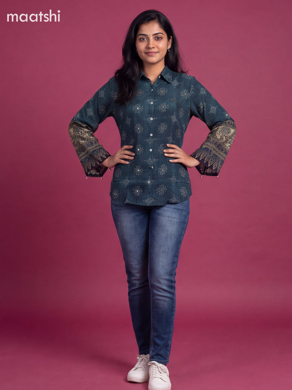 Peacock Blue Crepe Silk Printed Women Shirt Without Pant