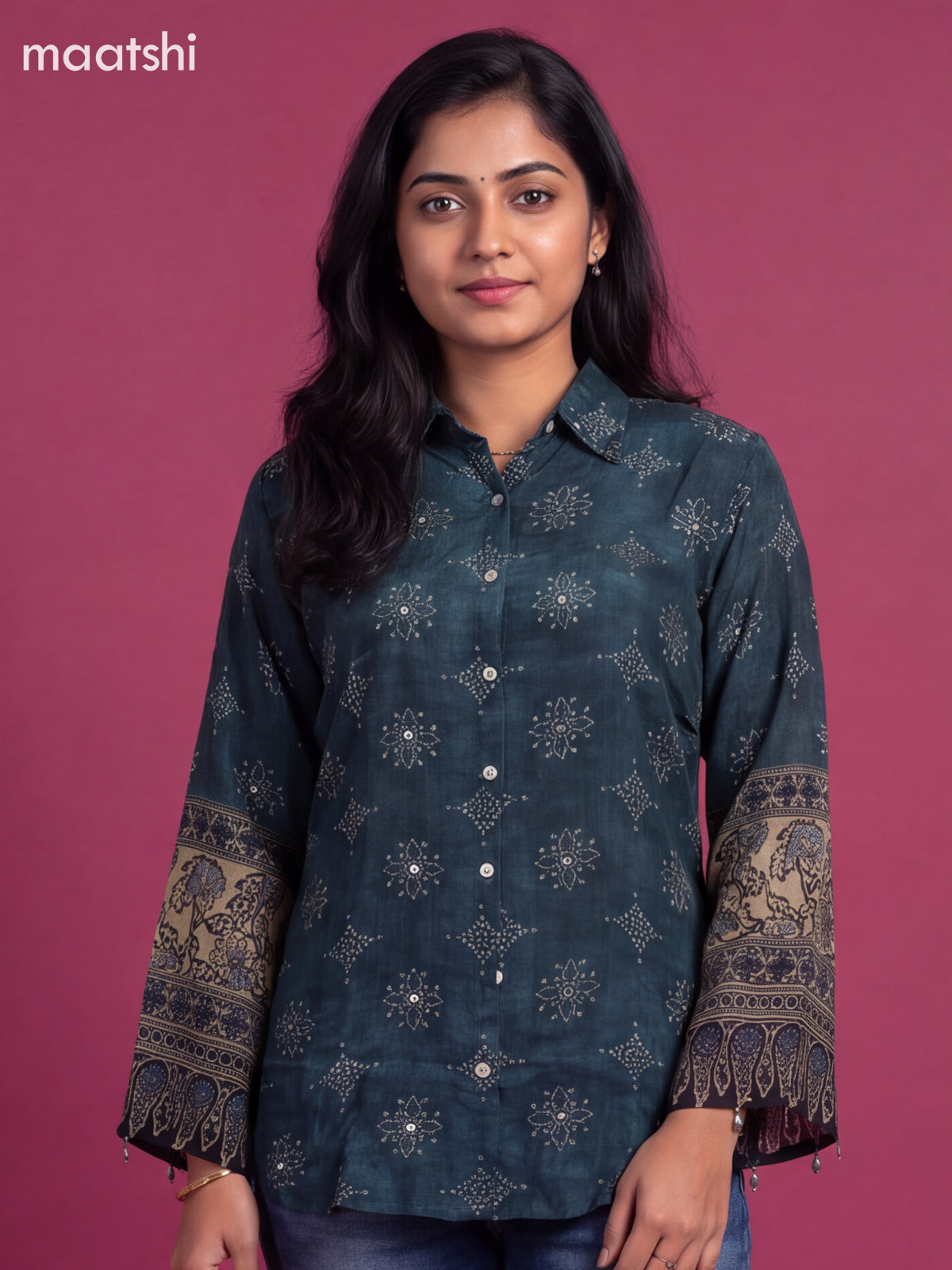 Peacock Blue Crepe Silk Printed Women Shirt Without Pant