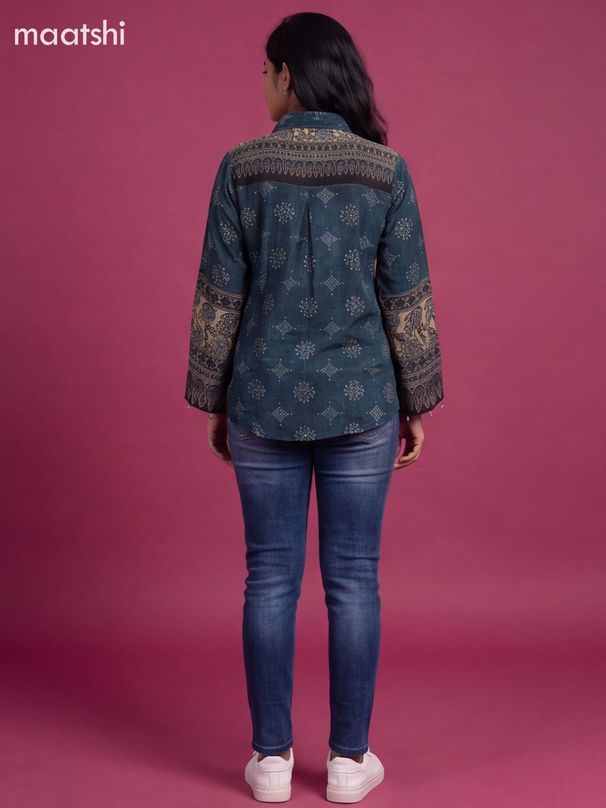 Peacock Blue Crepe Silk Printed Women Shirt Without Pant