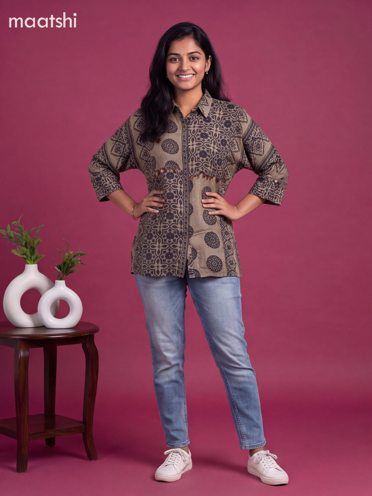 Grey Shade and Blue Crepe Silk Ajrakh Printed Women Shirt Without Pant