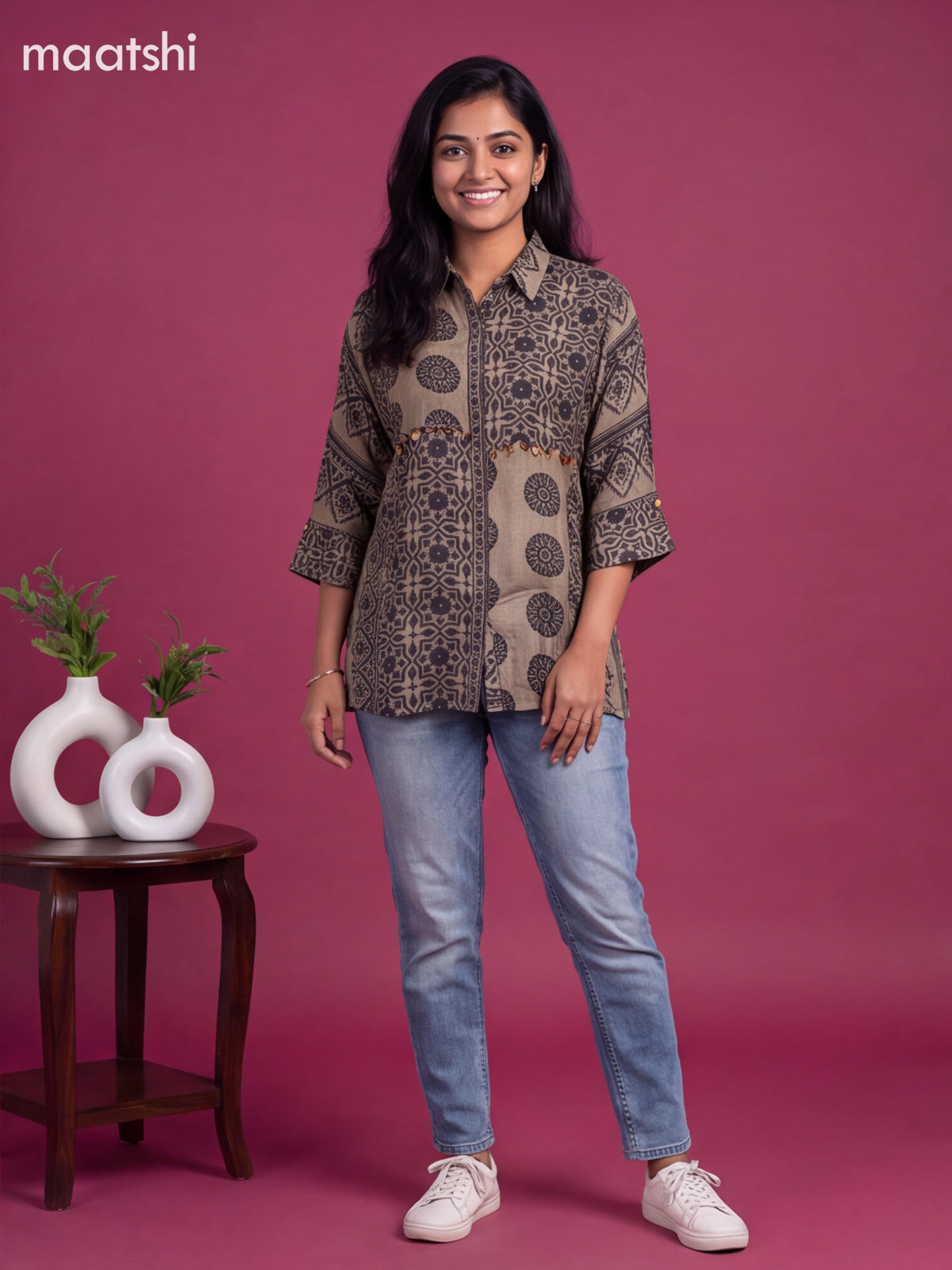 Grey Shade and Blue Crepe Silk Ajrakh Printed Women Shirt Without Pant