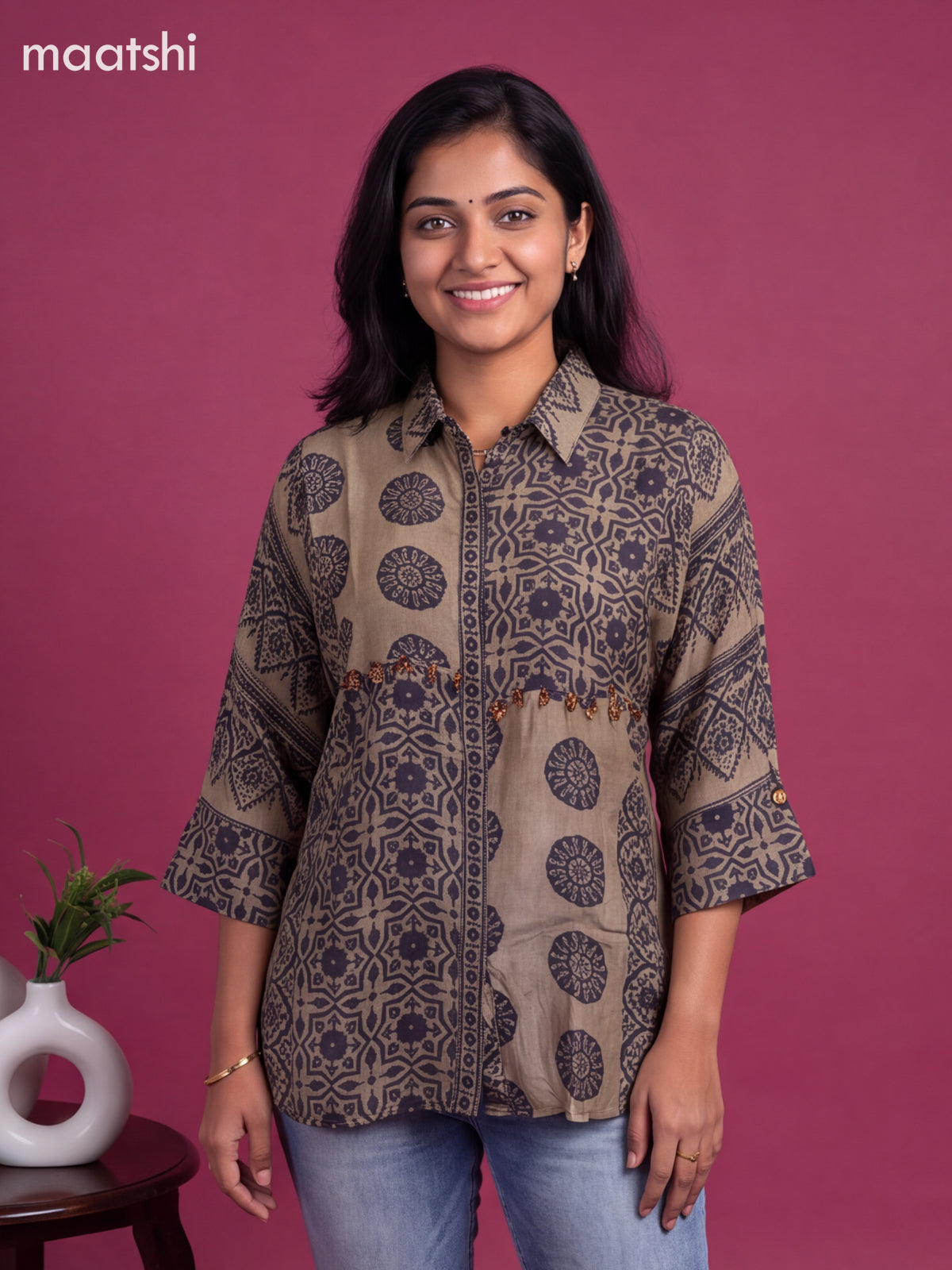 Grey Shade and Blue Crepe Silk Ajrakh Printed Women Shirt Without Pant