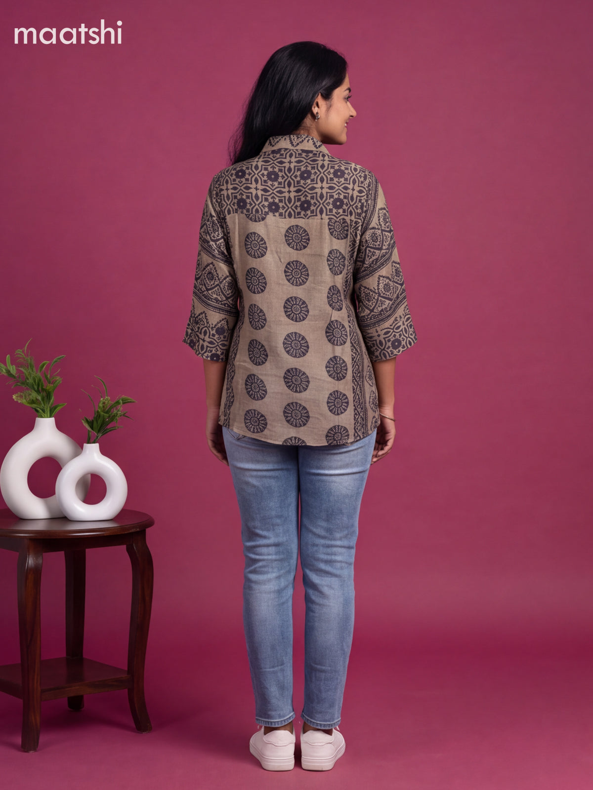 Grey Shade and Blue Crepe Silk Ajrakh Printed Women Shirt Without Pant