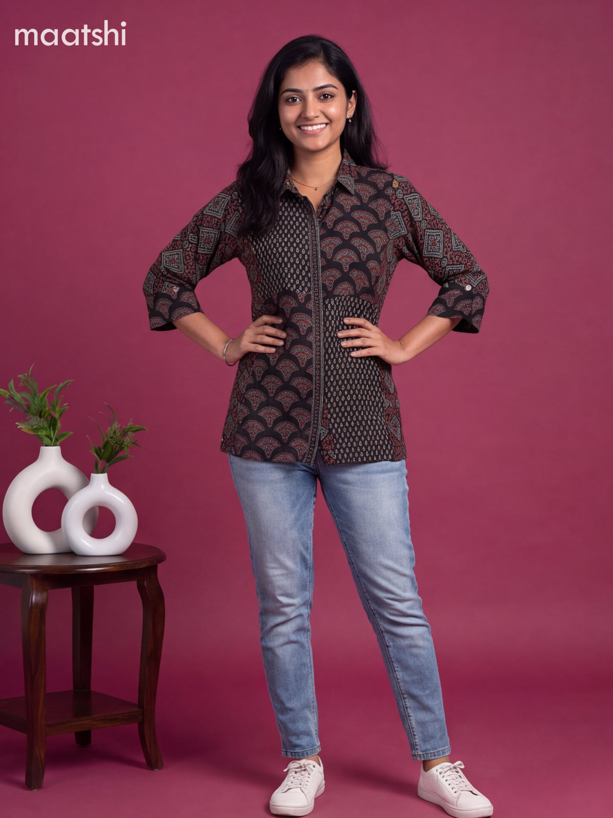 Black Crepe Silk Ajrakh Printed Women Shirt Without Pant