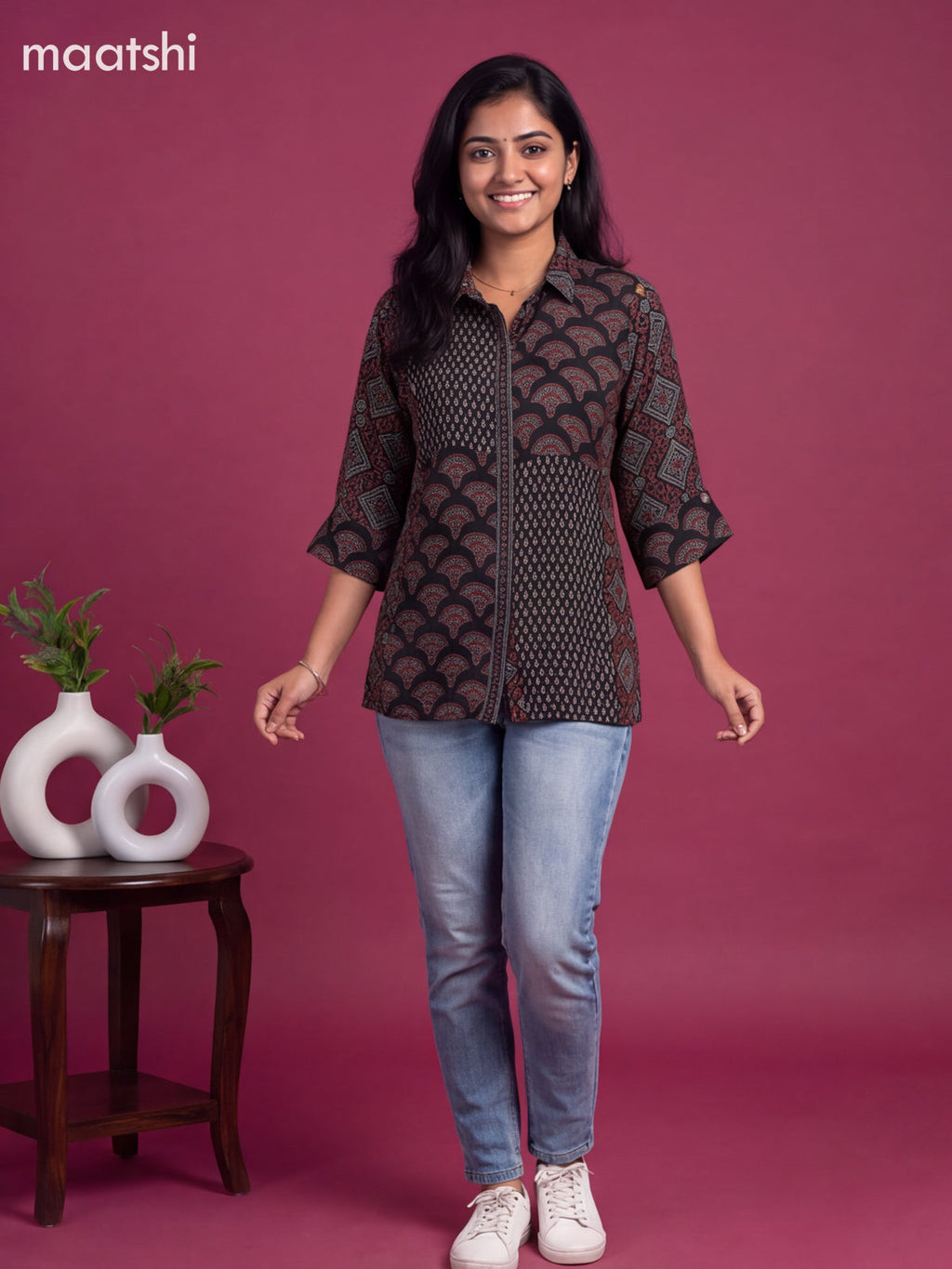 Black Crepe Silk Ajrakh Printed Women Shirt Without Pant