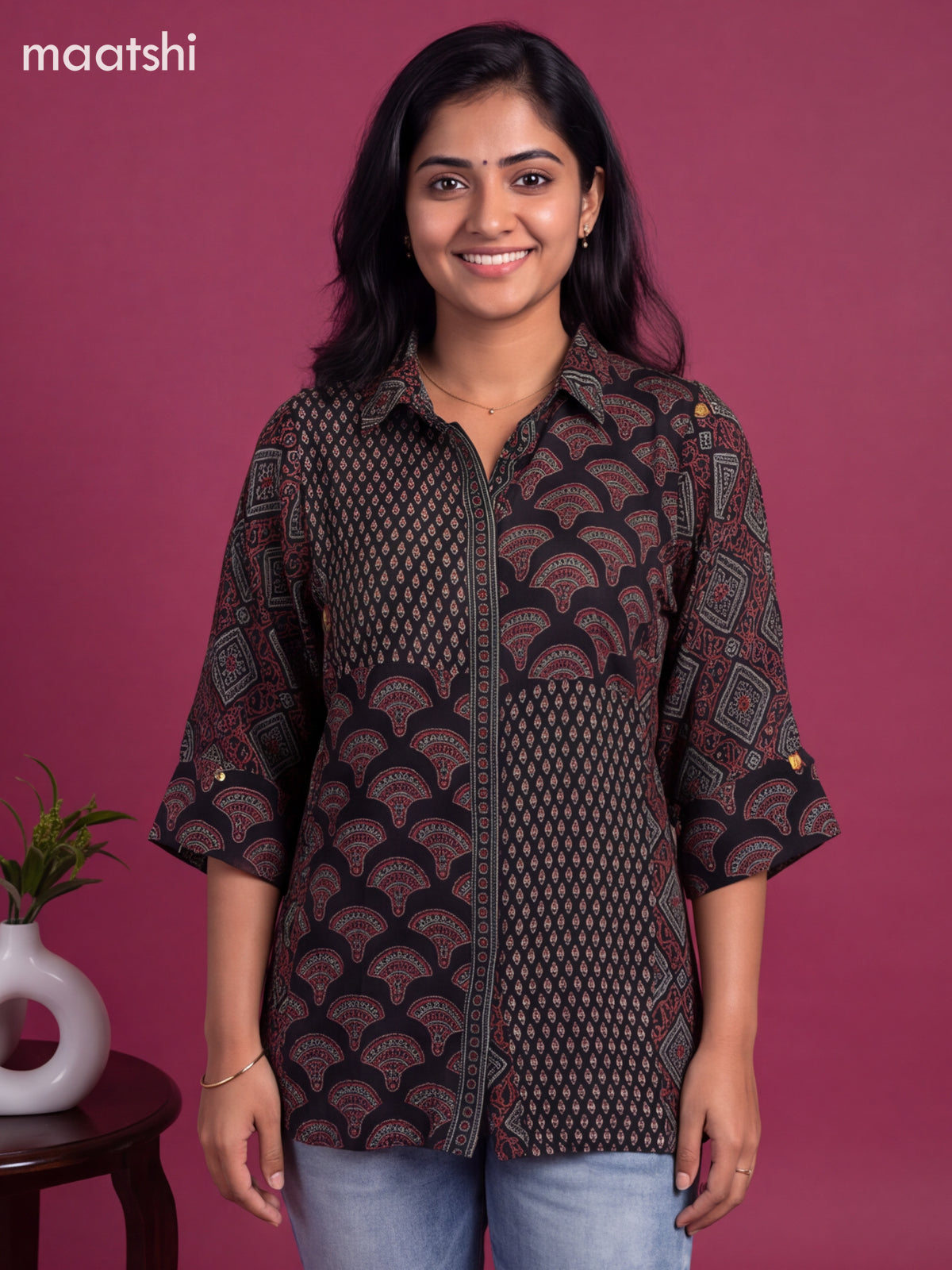 Black Crepe Silk Ajrakh Printed Women Shirt Without Pant