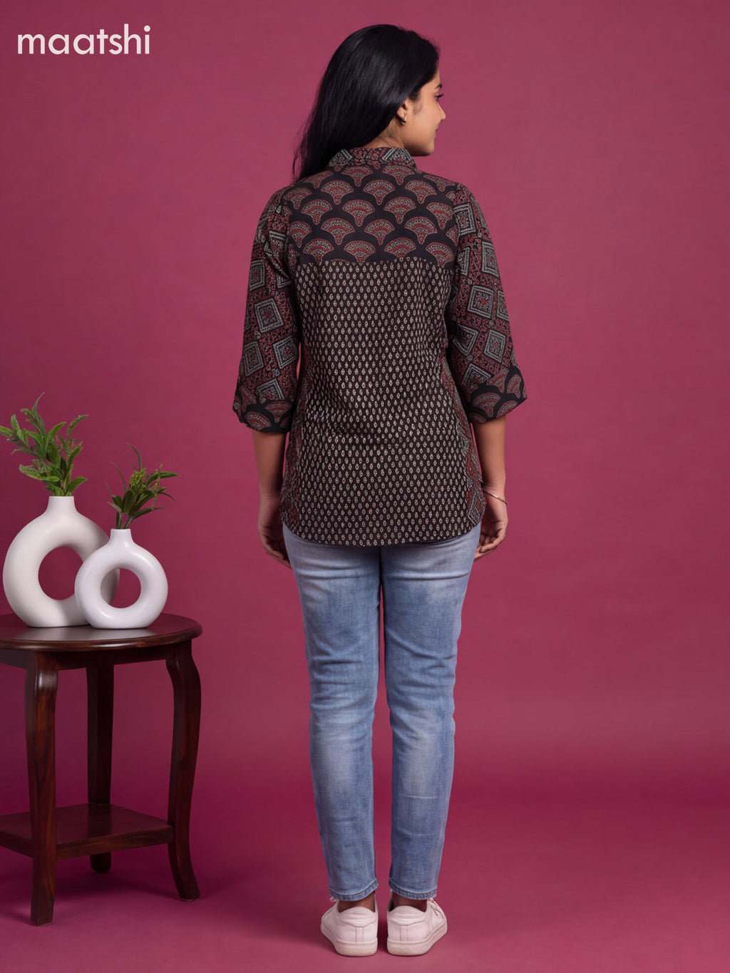 Black Crepe Silk Ajrakh Printed Women Shirt Without Pant