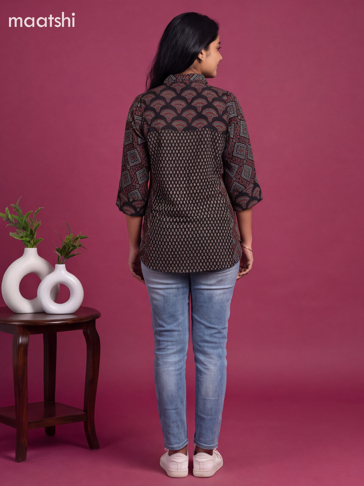 Black Crepe Silk Ajrakh Printed Women Shirt Without Pant