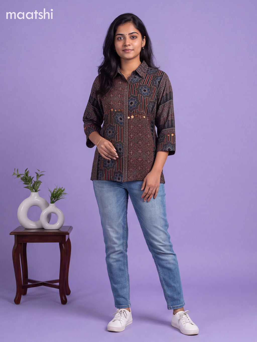 Black Crepe Silk Ajrakh Printed Women Shirt Without Pant