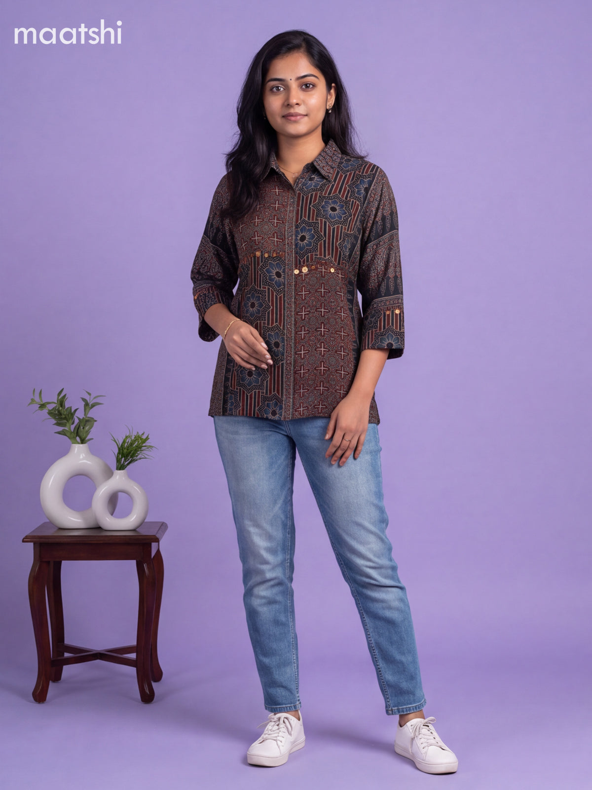 Black Crepe Silk Ajrakh Printed Women Shirt Without Pant